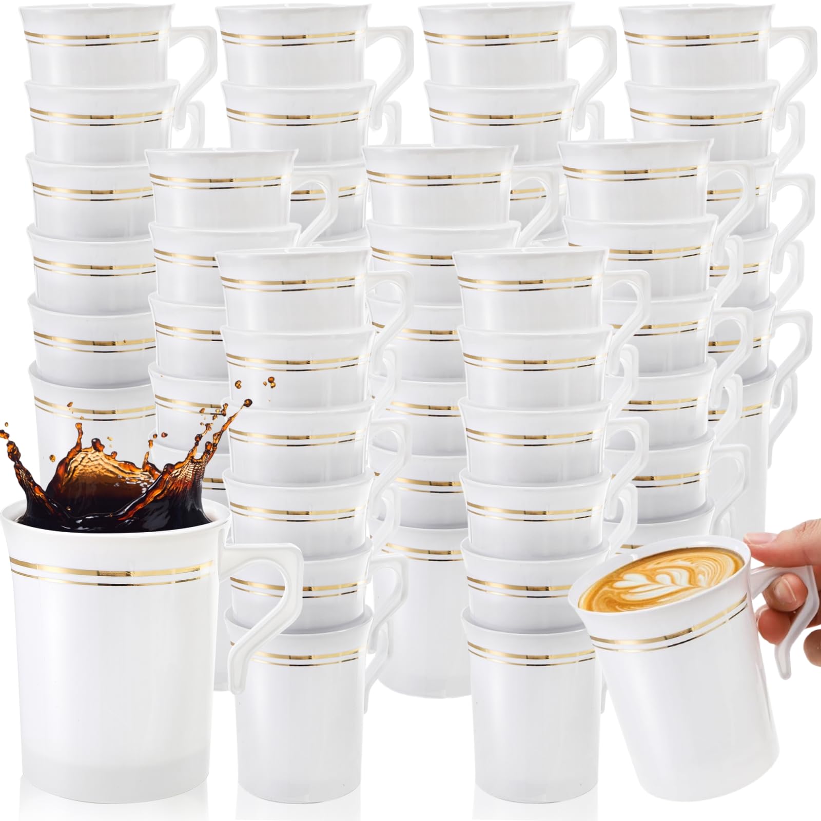 Photo 1 of YIMITEE 48 Pack Disposable Coffee Mugs with Handle, 8 OZ Heavyweight Gold Rimmed Tea Cups, Plastic Hot Cold Beverage Drinkware for Weddings Cafe Bridal Shower Engagement Party Camping Travel, White