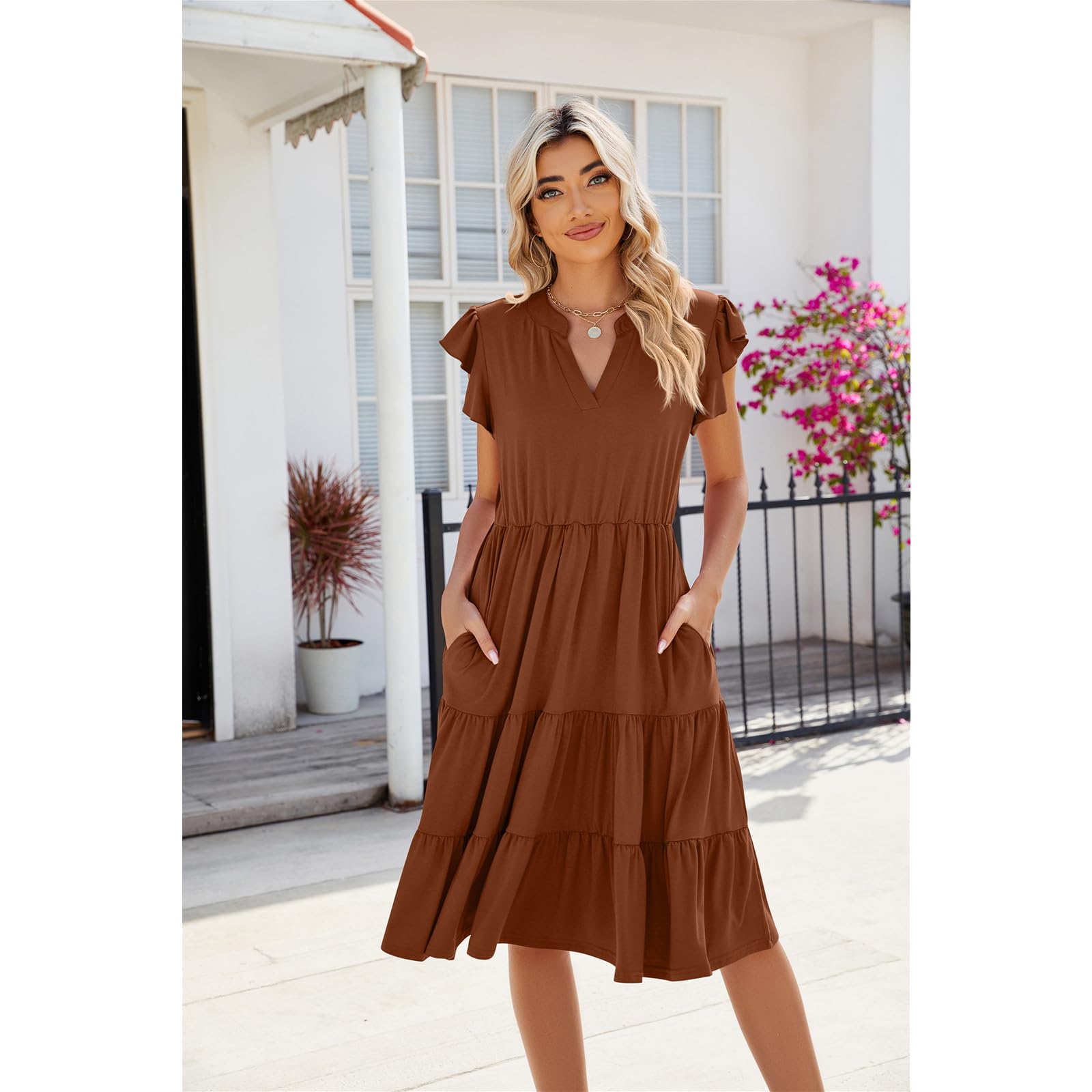 Vestidos de Verano Mujeres Vestidos Casuales de Manga Corta de Cuello V de Verano Vestidos de Fiesta Midi Vestidos de Fiesta Mujeres Vacaciones Playa Vestidos de Sol Casuales Vestidos Relajados, HUT