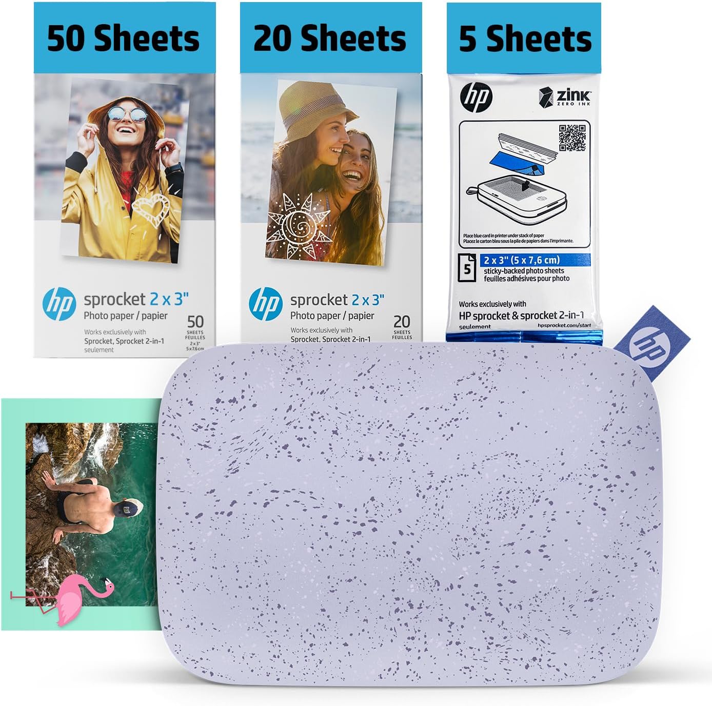 HP Sprocket 2x3 Instant Smartphone Photo Printer 75 Sheets Bundle - Bluetooth Portable Color Wireless Mobile Printer (Purple) Zink Sticky-Back Photos