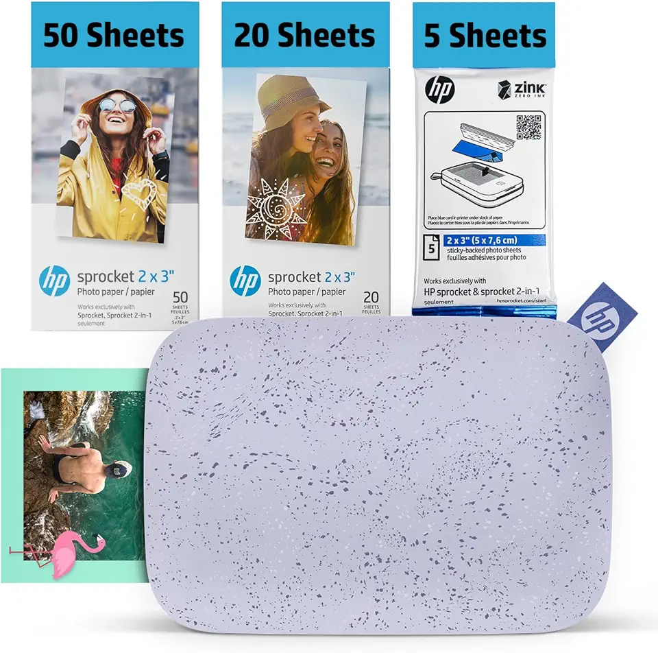 HP Sprocket 2x3 Impressora fotográfica instantânea para smartphone pacote com 75 folhas - Impressora móvel sem fio colorida portátil Bluetooth (Roxo) Zink Sticky-Back Photos