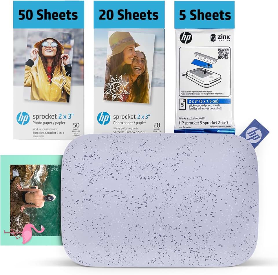 HP Sprocket 2x3 Impressora fotográfica instantânea para smartphone pacote com 75 folhas - Impressora móvel sem fio colorida portátil Bluetooth (Roxo) Zink Sticky-Back Photos