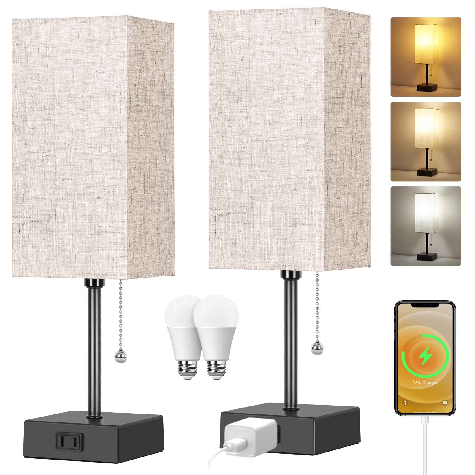 Bedside Table Lamp - 3 Color Modes & AC Outlet -8 Bedside Table Lamp - 3 Color Modes & AC Outlet -8