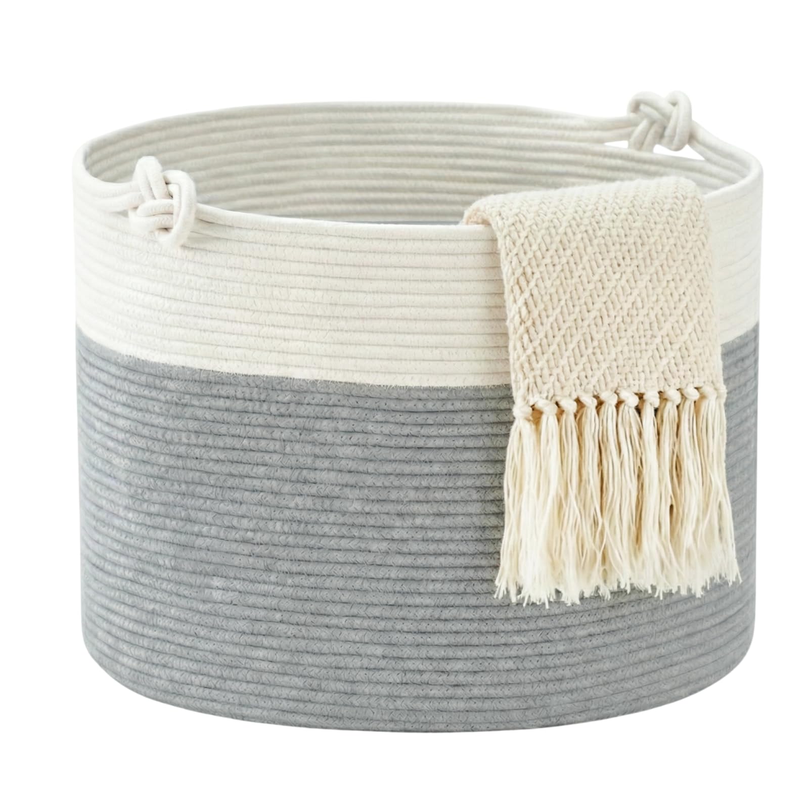 COSYLAND Cesto de Ropa Sucia de Cuerda de Algodón D50 x H35 cm – Cesta para la Ropa Sucia con Asas – Cesto Plegable para Mantas, Juguetes y Lavandería – Blanco Crema y Gris Claro
