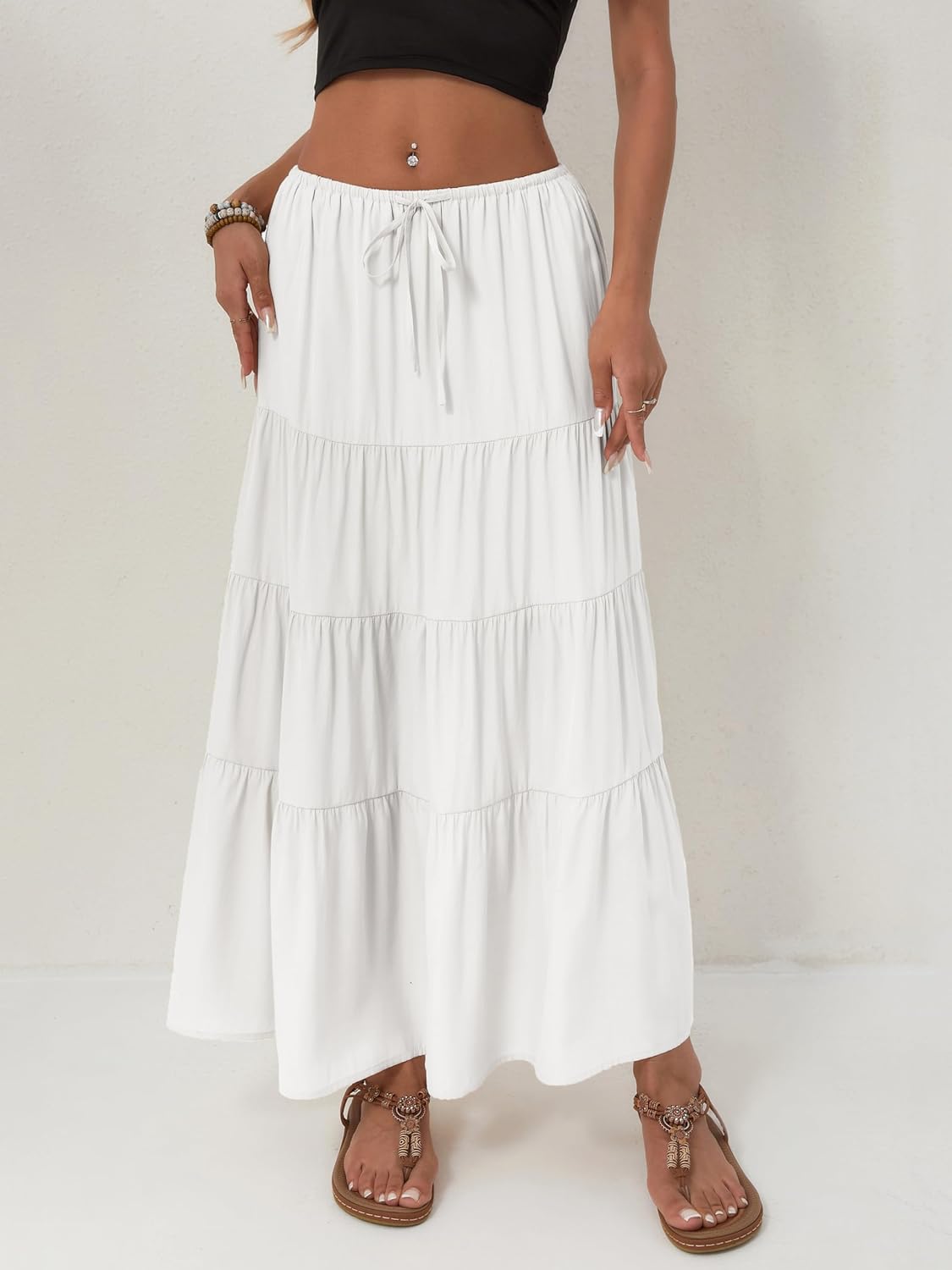 Women's Maxi Skirts Flowy Skirt Elastic High Waist Pleated A-Line Flared Long Skirts - Image 2