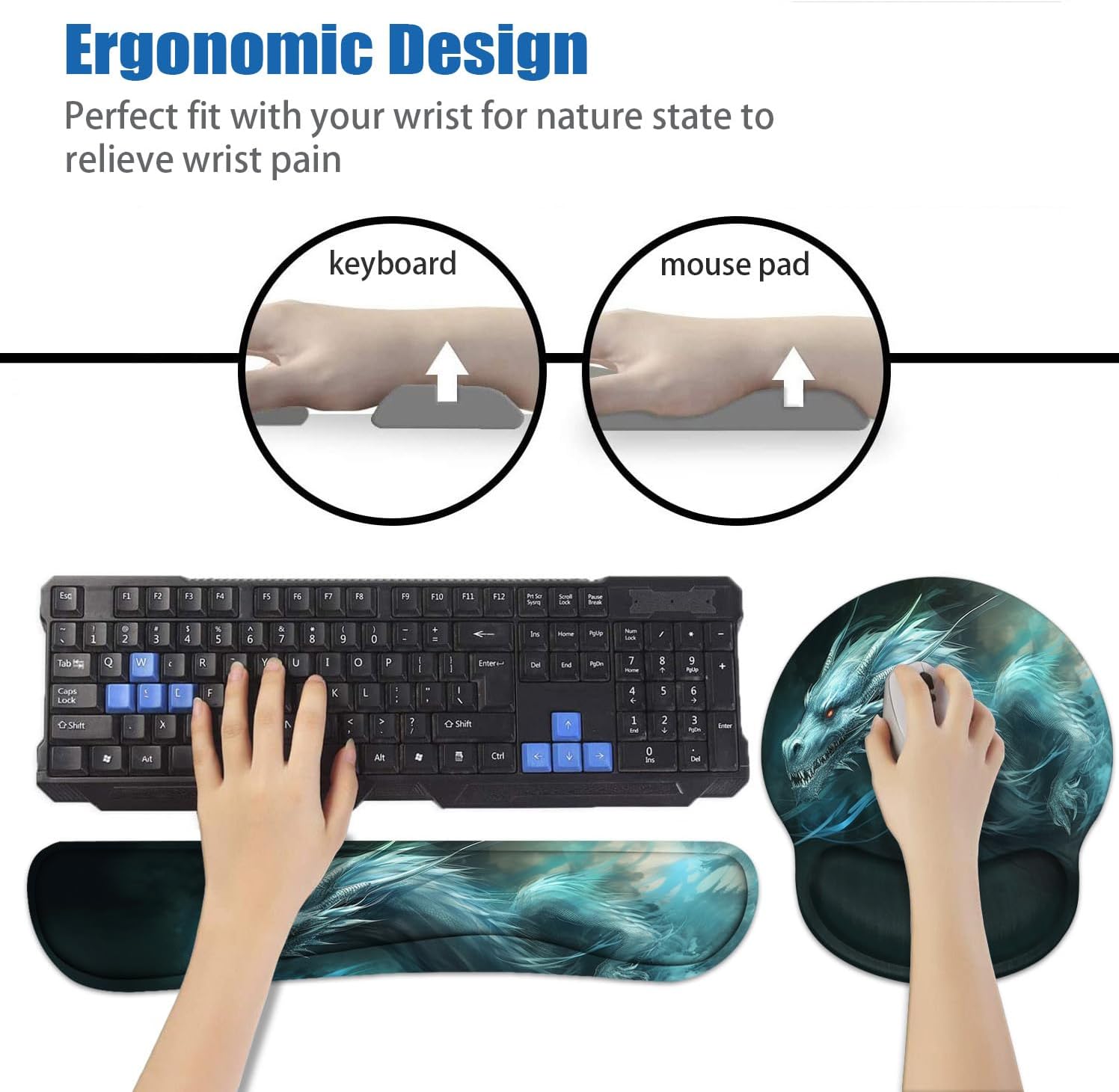 Keyboard Wrist Rest and Mouse Pad Wrist Support Set with Coasters, Ergonomic Gaming Mousepad Non-Slip PU Base for Home Office Working Studying Easy Typing & Pain Relief - Dragon