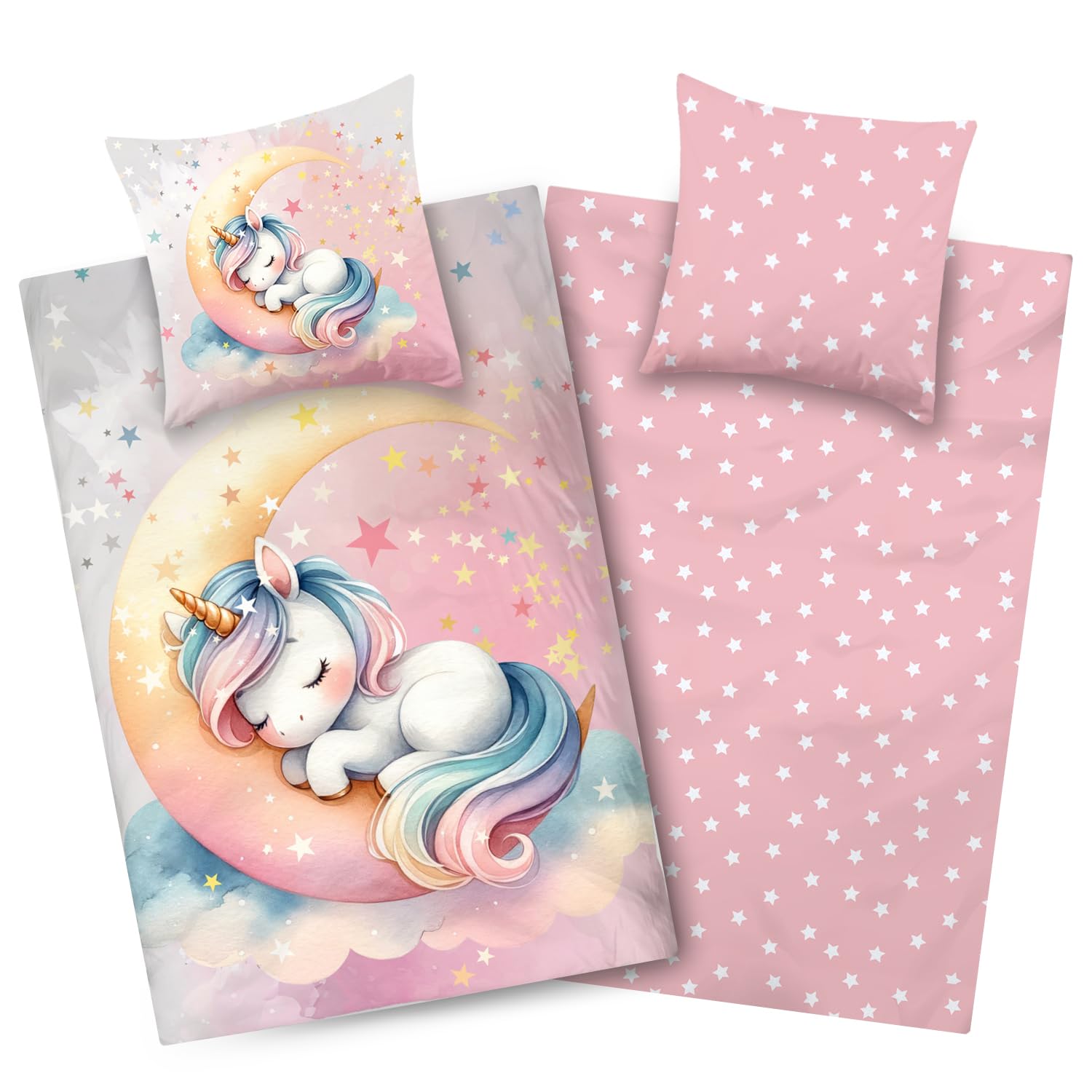 Aminata kids Kinderbeddengoed, 135 x 200 cm, katoen, meisjes, eenhoornmotief, omkeerbare beddengoedset, roze regenboog, wolken en sterren