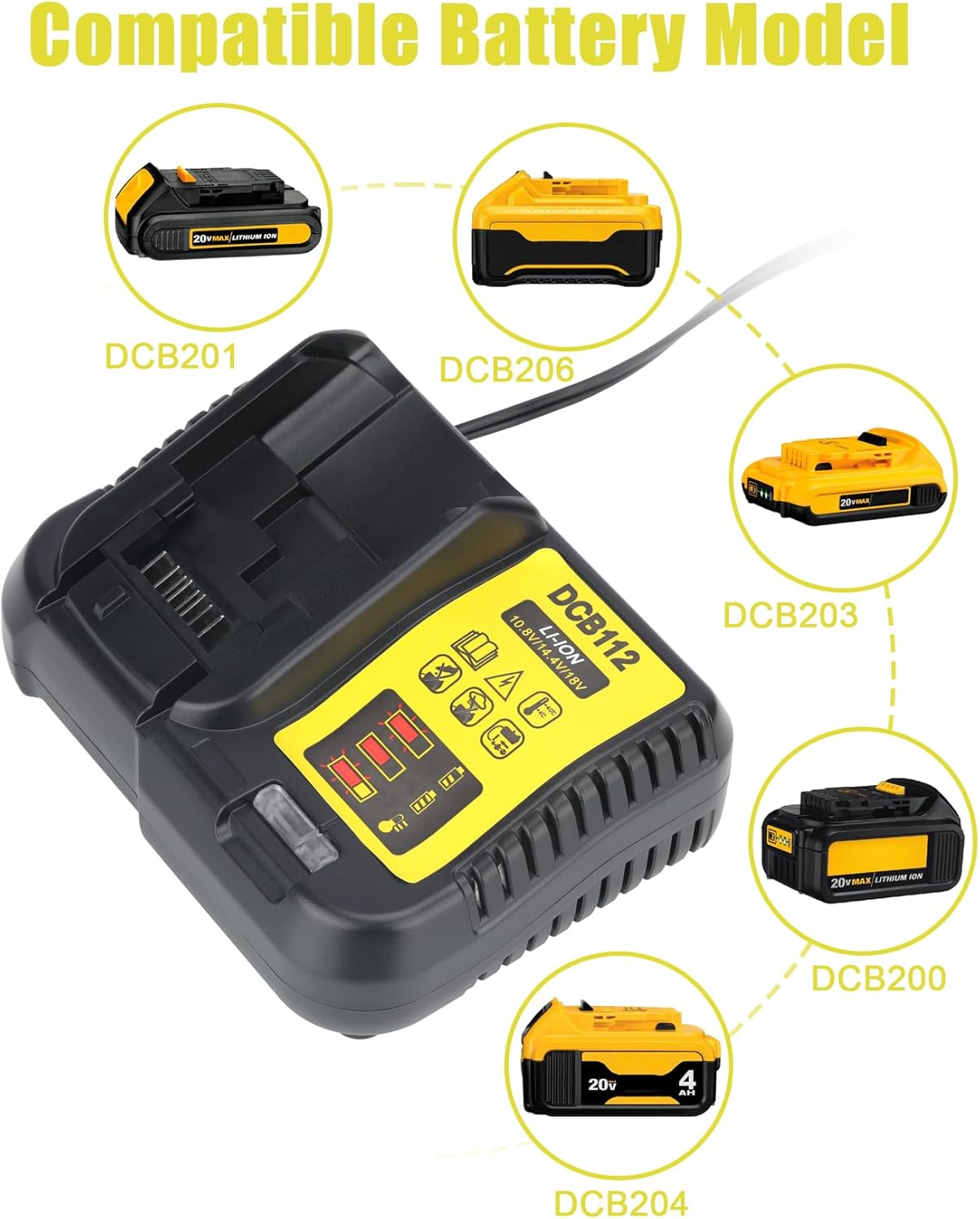 JYJZPB 2 Pack 6.5Ah Replace Battery and DCB112 Battery Charger for De-Walt 20V MAX Battery DCB200 DCB204 DCB206 DCB206-2 DCB201 DCB203