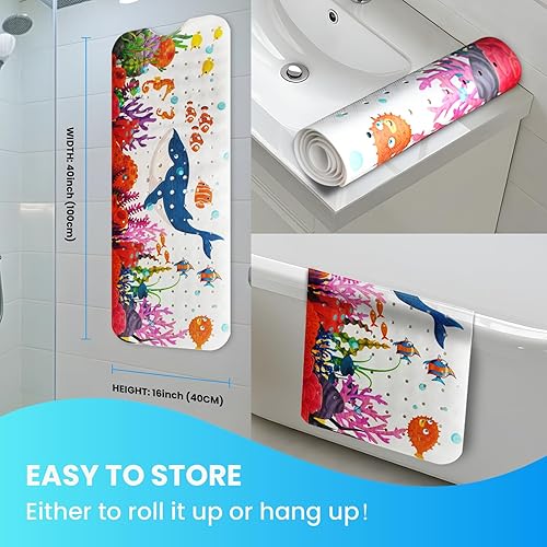 Miniatura 4 de Linoows Tapete de baño para bebé, 40 x 16 pulgadas, extra grande, antideslizante, con dibujos animados para niños, con ventosas y agujeros de