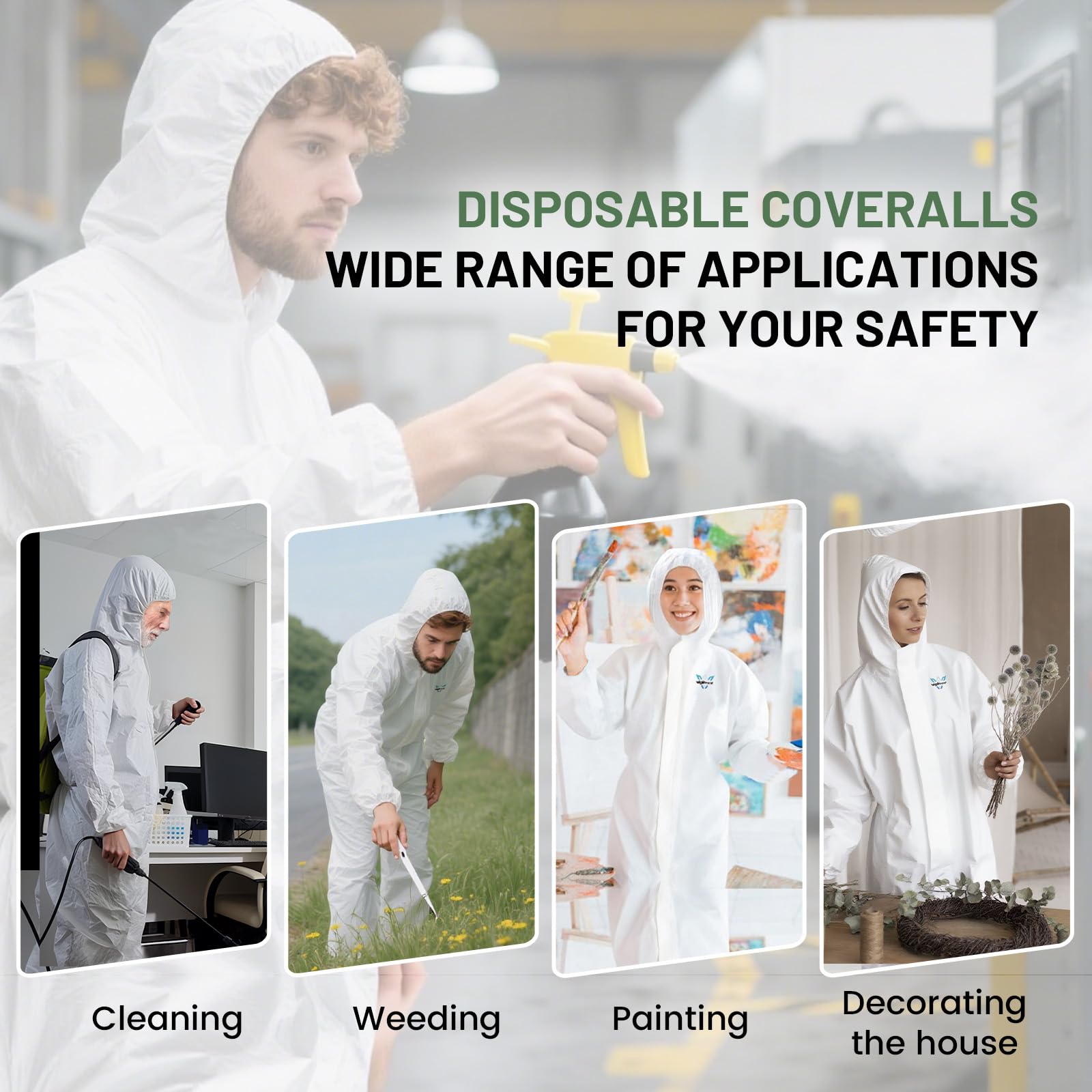 VigiFront Tuta usa e getta Hazmat, tuta da pittura, confezione da 5 o 25 pezzi, 7 taglie disponibili, per pittura completa, con polsini e caviglie elastici e cappuccio