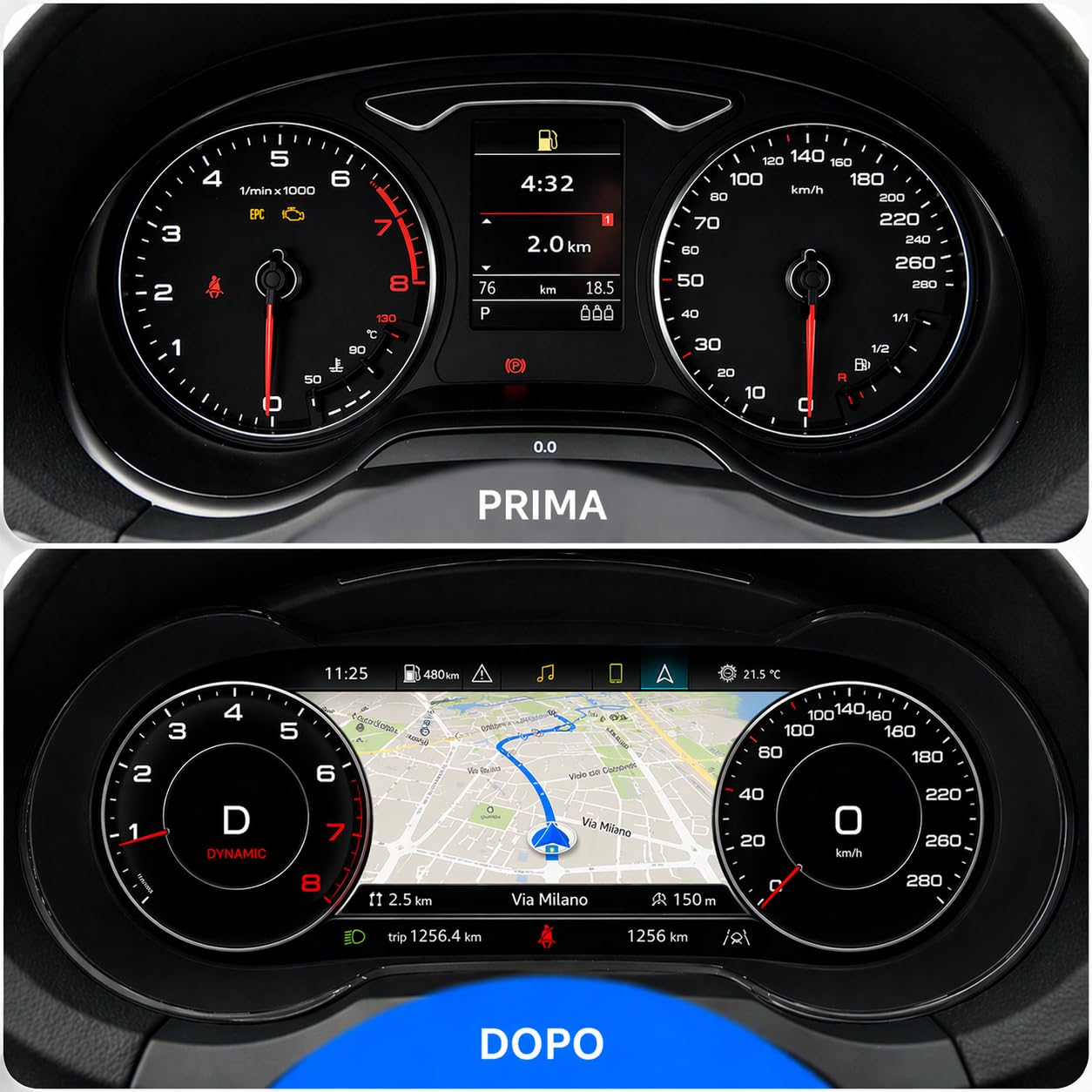 VIBEX Tachimetro Digitale 10,25 per Audi A3, S3, RS3 8V 2013-2019 |Virtual Cockpit LCD Full HD | Apple CarPlay Android Auto Wireless | Navigazione GPS | Plug & Play | Comandi al Volante |