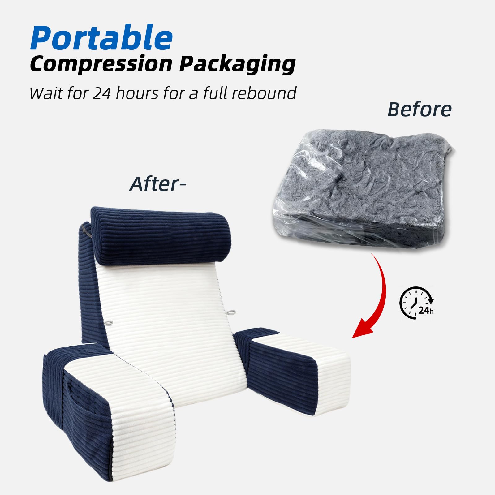 Oreiller de Lecture pour lit, Coussin d'appui Dorsal réglable avec accoudoirs et Appui-tête, adapté à la Lecture/Jeux/Relaxation/télévision, Bleu & Blanc