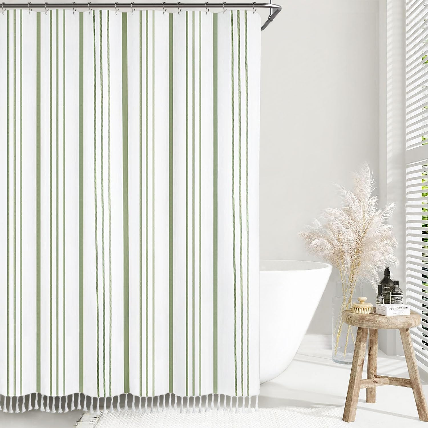 Amazon.com: Awellife Sage Green Boho Shower Curtain White Linen Cotton ...