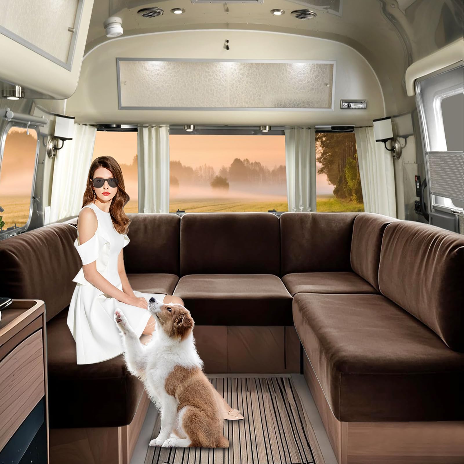 SHUOJIA Caravan Seat Covers Velvet, Motorhome Seat Cover with Elastic-band and Lacing, RV Sofa Cushion Cover for camper Washable（Coffee-W130-160 cm,D70-90 cm）