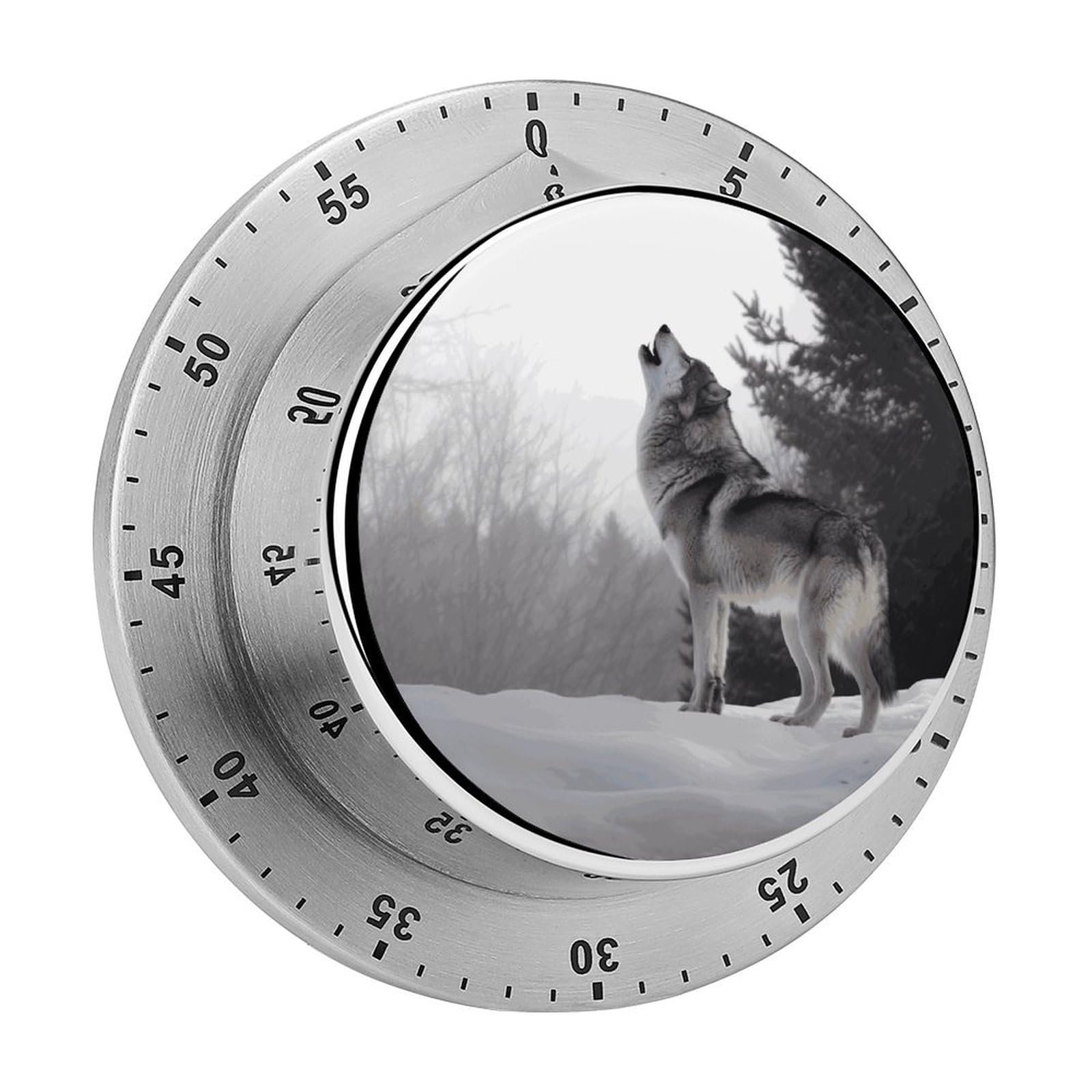 Howling Wolf Mechanical Kitchen Timer, 60 Minute Wind Up Timer with Magnetic Base, Round Manual Rotating Stainless Steel Timers for Meeting Cooking Working