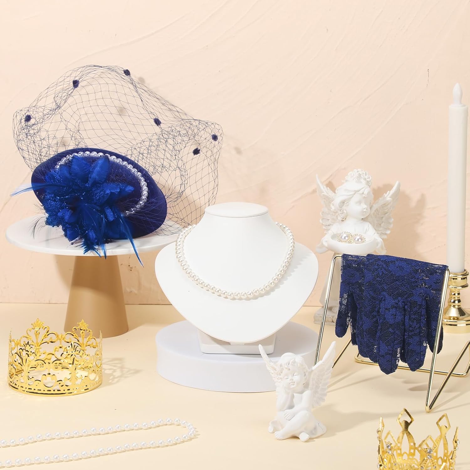 3 Pieces Fascinator Hat for Women Tea Party Derby Hat with Veil Feather Funeral Headpiece Lace Gloves Pearl Necklace (Navy Blue) - Image 7