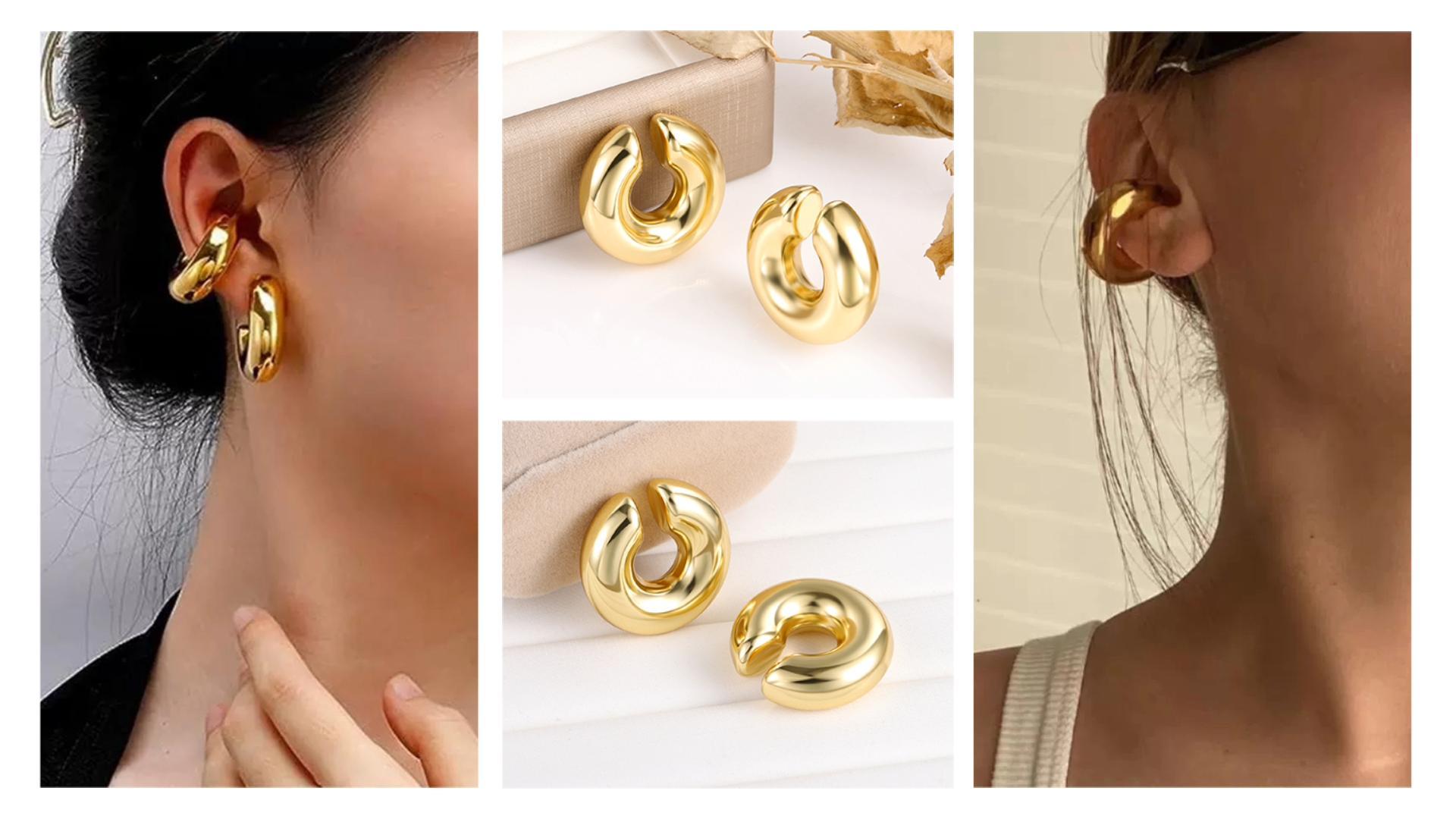 ALEXCRAFT Ear Cuff Orecchini A Clip Oro 18K Senza Buco - Grandi E Chunky Per Cartilagine - Acciaio Inossidabile