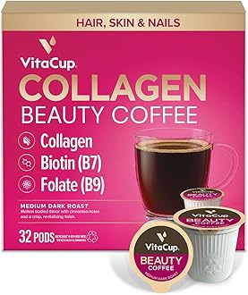 VitaCup Beauty Collagen Coffee Pods for Hair, Skin & Nails, with Biotin & Folate, Medium Dark Roast, Keto Friendly, Single Serve Pod Compatible with Keurig K-Cup Brewers,32 Ct
