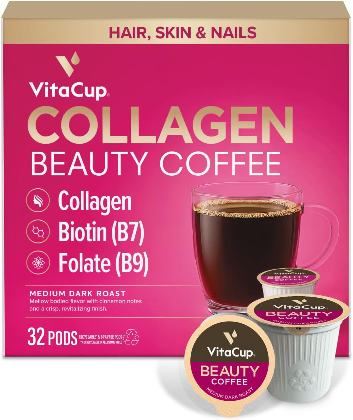 VitaCup Beauty Collagen Coffee Pods for Hair, Skin & Nails, with Biotin & Folate, Medium Dark Roast, Keto Friendly, Single Serve Pod Compatible with Keurig K-Cup Brewers,32 Ct
