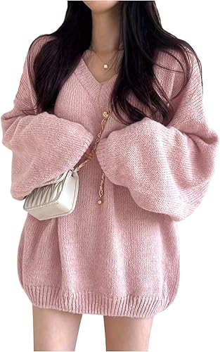 RoseSeek Women's V Neck Long Sleeve Sweaters Pullover Knitted Sweater Oversized 