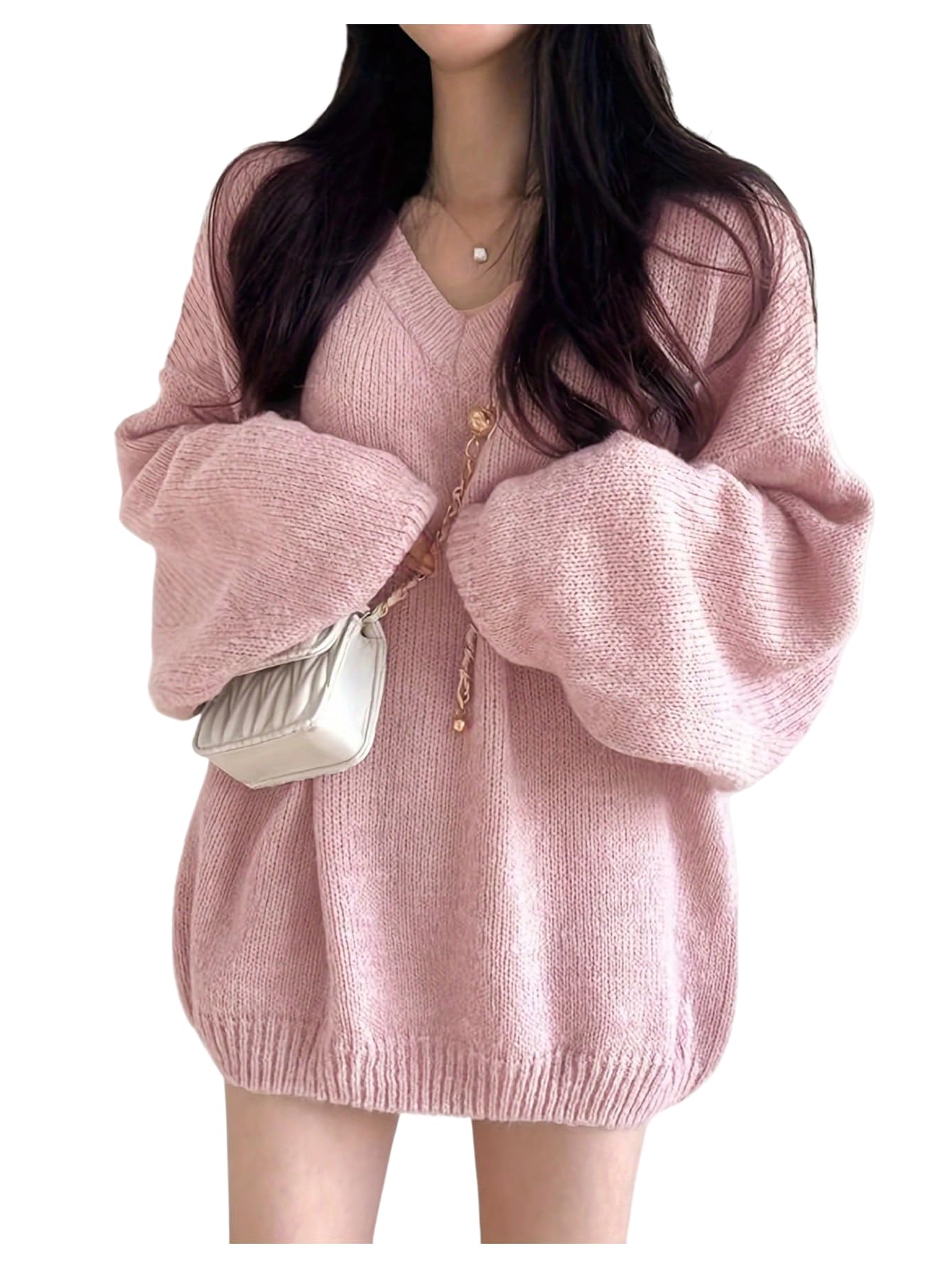 Womens V Neck Long Sleeve Sweaters Pullover Knitted Sweater Oversized Jumpers