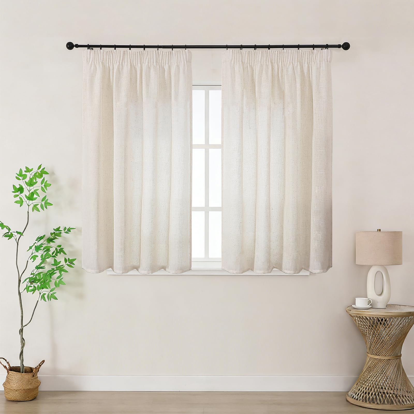Joydeco Leinen Gardinen mit Kräuselband 2er Set 225x140 HxB Voile Leinenvorhänge für Schienen Halbtransparente Leinenoptik Wohnzimmer Schlafzimmer
