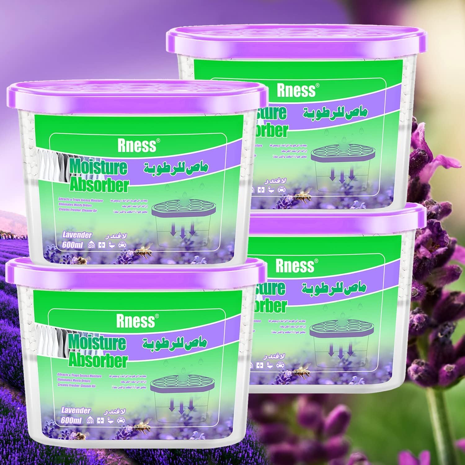 RnessLavender Moisture Absorber Boxes,Moldproof Deodorizing Desiccant Dehumidifier Boxes Lavender Aroma Humidity Absorber for Bathroom Closet Wardrobe Kitchen 4 Pack(600 ml each)
