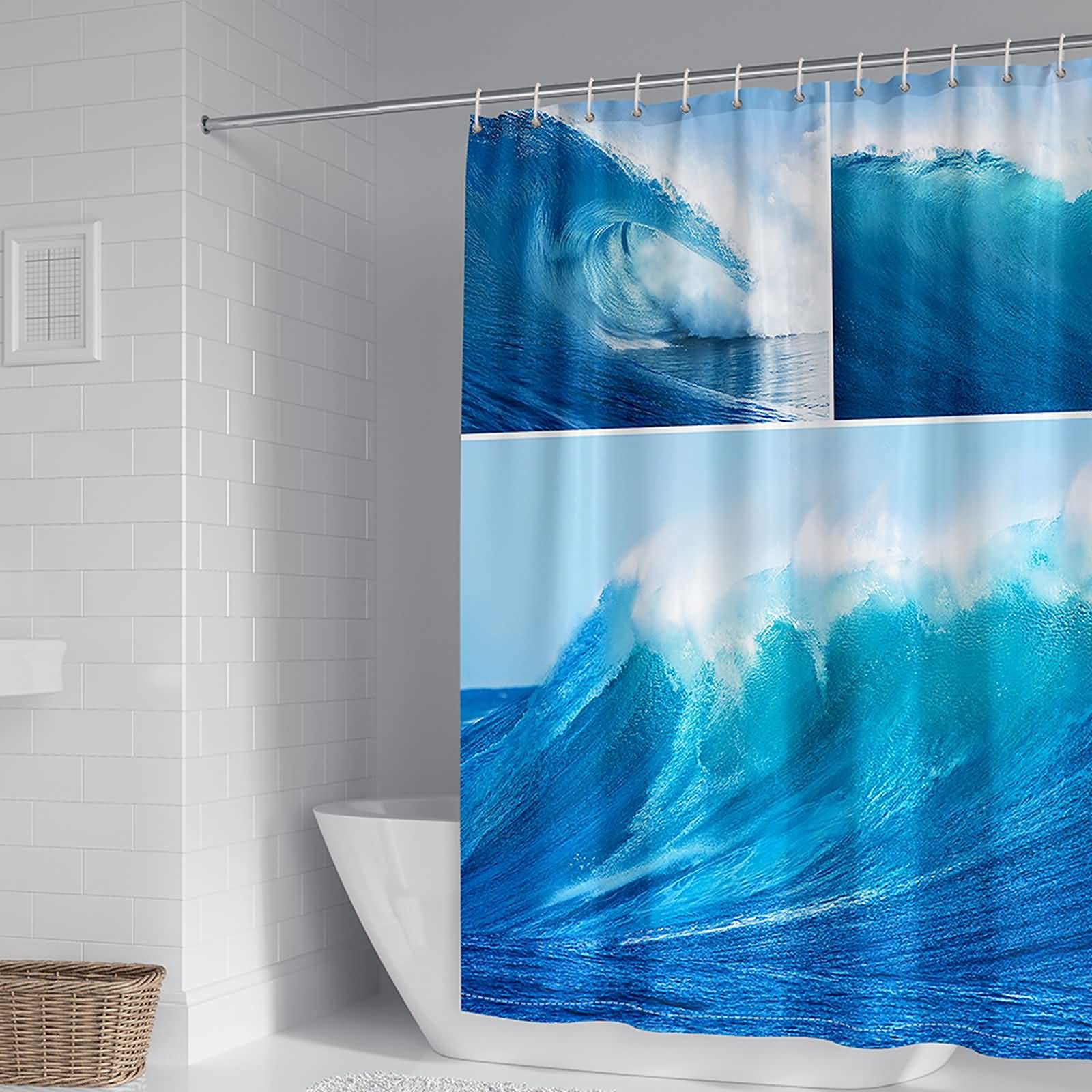 Rideau de douche vagues bleu 165x200 cm créant une ambiance spa relaxante en polyester