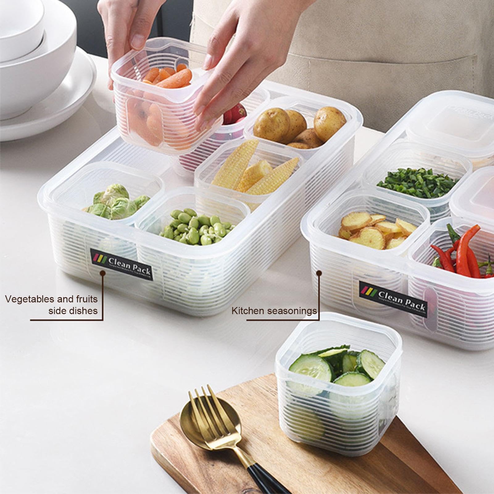 Plateau à légumes transparent avec couvercle - Récipient à charcuterie pour réfrigérateur - 6 compartiments - Support de stockage des aliments pour les fêtes - Préparation des repas - Sans BPA