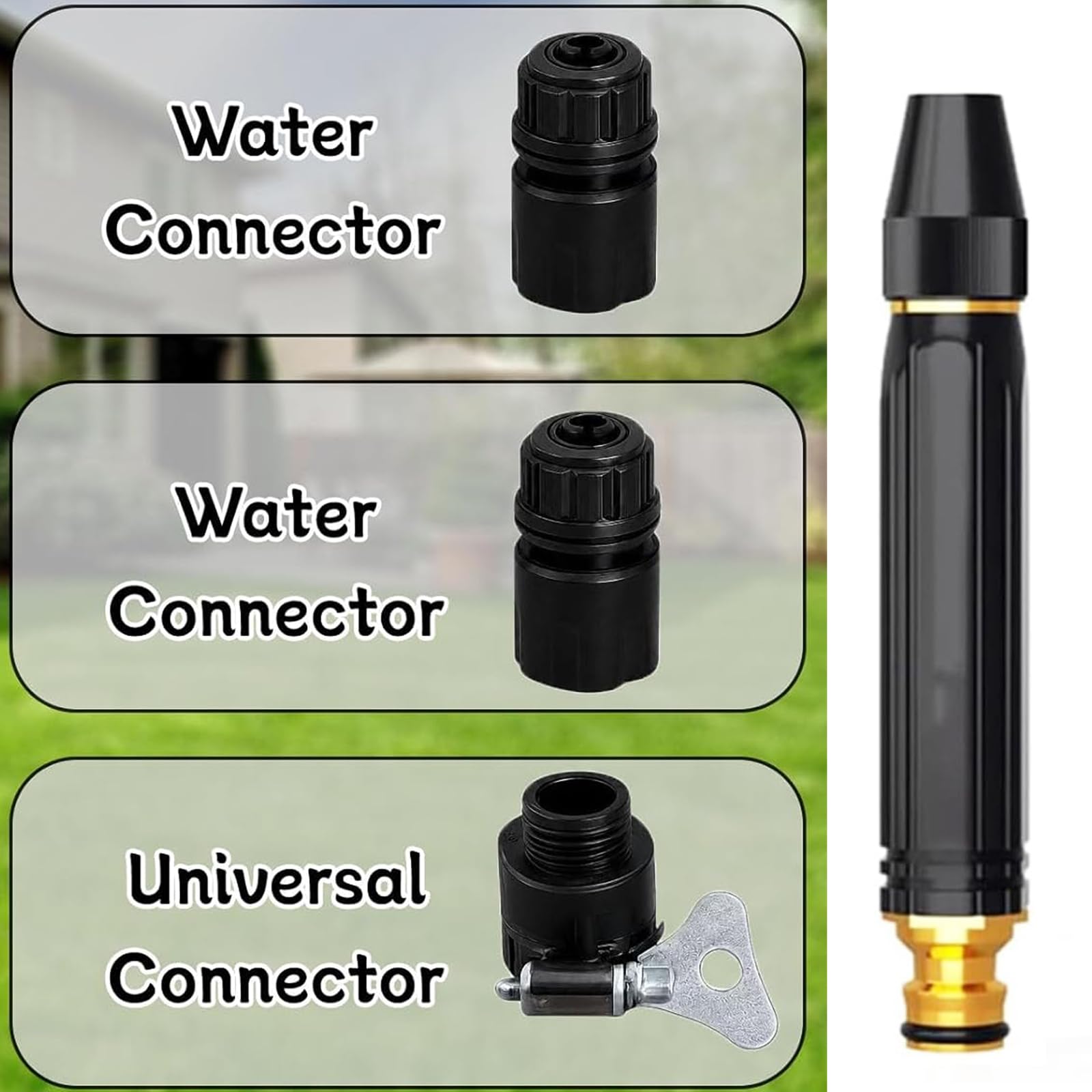 Boquilla de Agua Alta Presión para Manguera, 3 Modos Agua, Boquilla Latón | Chorro Recto, Abanico y Ducha, 3 Conectores Universales, para Lavado de Coches, Jardinería, Limpieza de Patios
