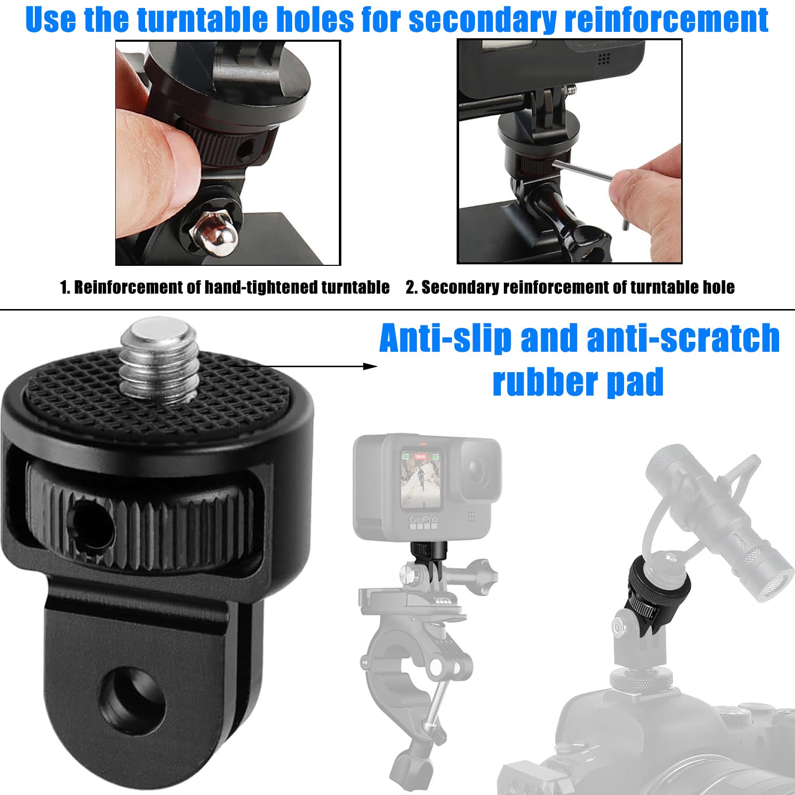 2 Pièces Adaptateur de Trépied en Aluminium, 1/4" Fixation de Trépied Compatible, Ajustement à 360 ° Adaptateur de Caméra, avec 2 Clés, pour Gopro Hero10, Sjcam Caméra(Noir)