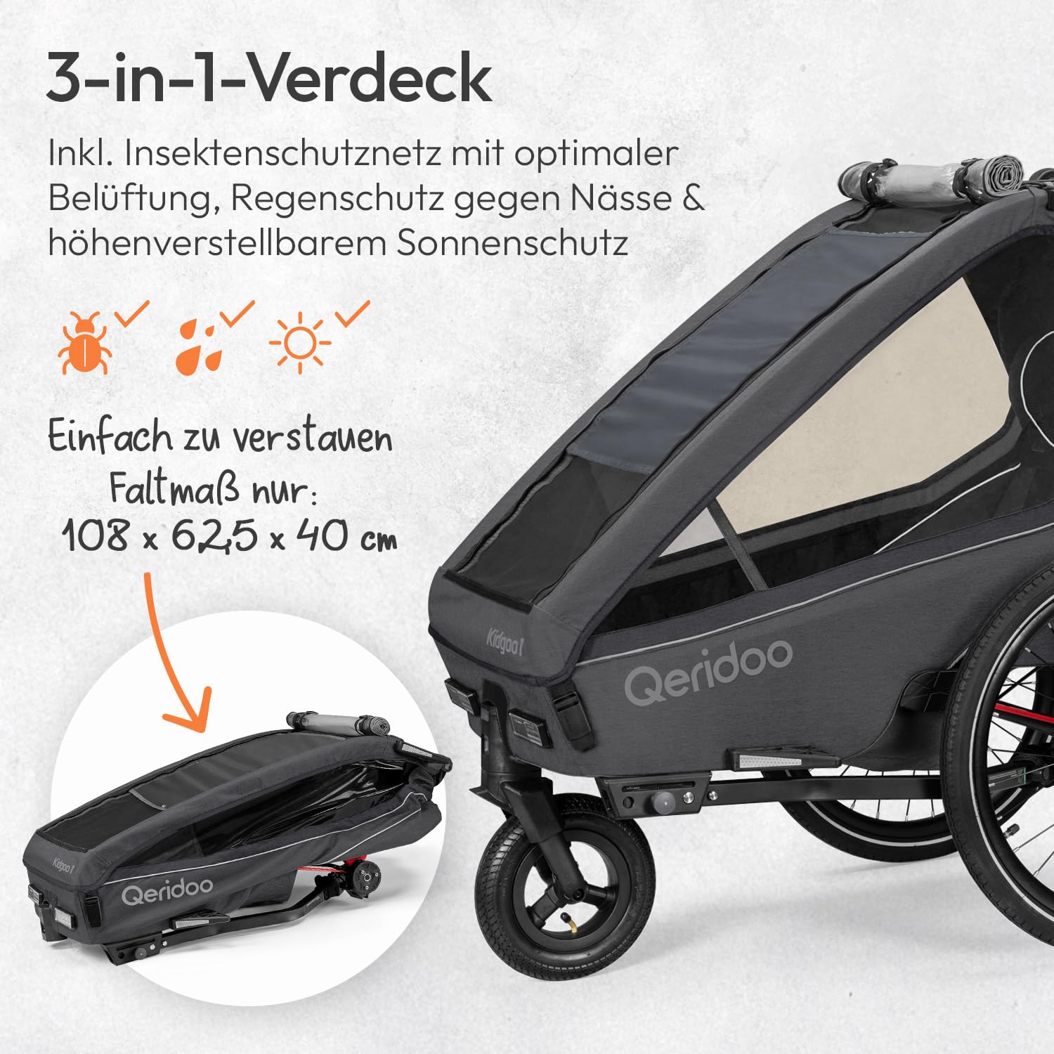 Qeridoo Kidgoo 1 Steel Grey Fahrradanhänger 1 Kind mit Federung & Easy ARS klappbar Kinderbuggy 38L