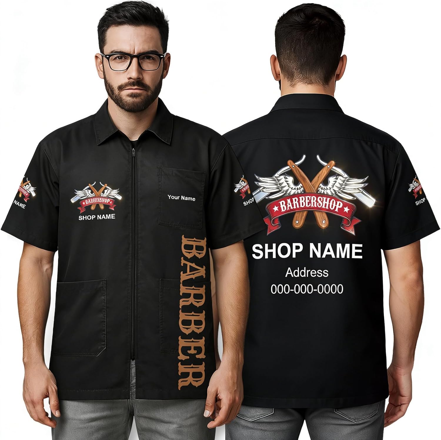 Custom Barber Jacket for Men – Black Zipper Smock, Personalized Work Shirt with Salon Logo & Name, Barbershop Uniform