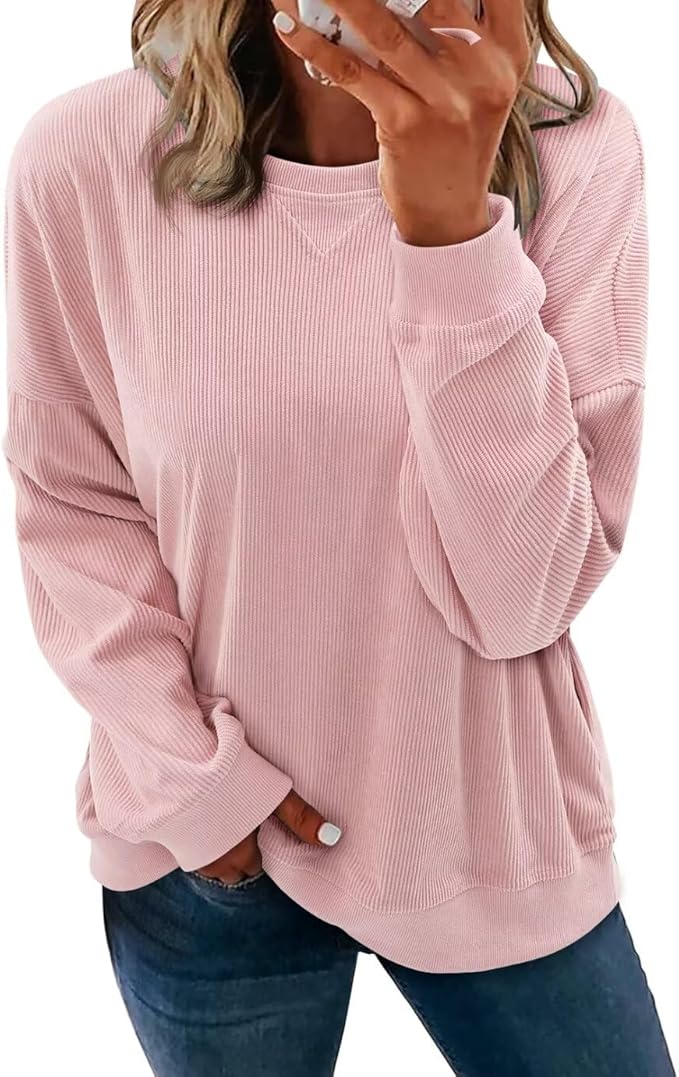 KISSMODA Womens Casual Long Sleeve Sweatshirts Color Block/Solid Tops Corduroy Crewneck Tunic Pullover with Pockets