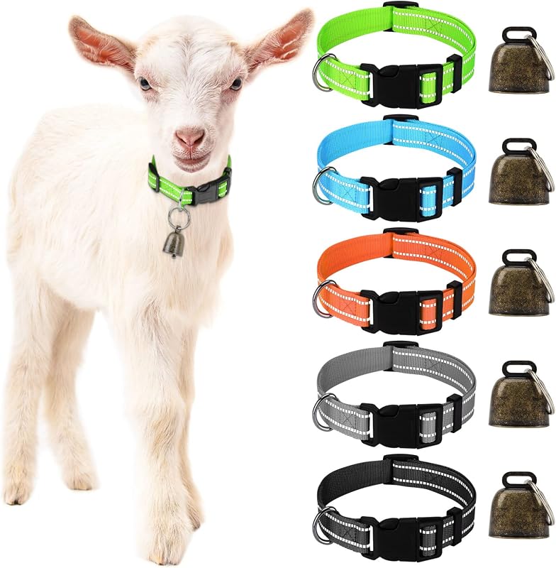 Coleira Ajustável Refletiva para Cabras e Pequenos Animais com Sino GINDOOR, Pacote com 5