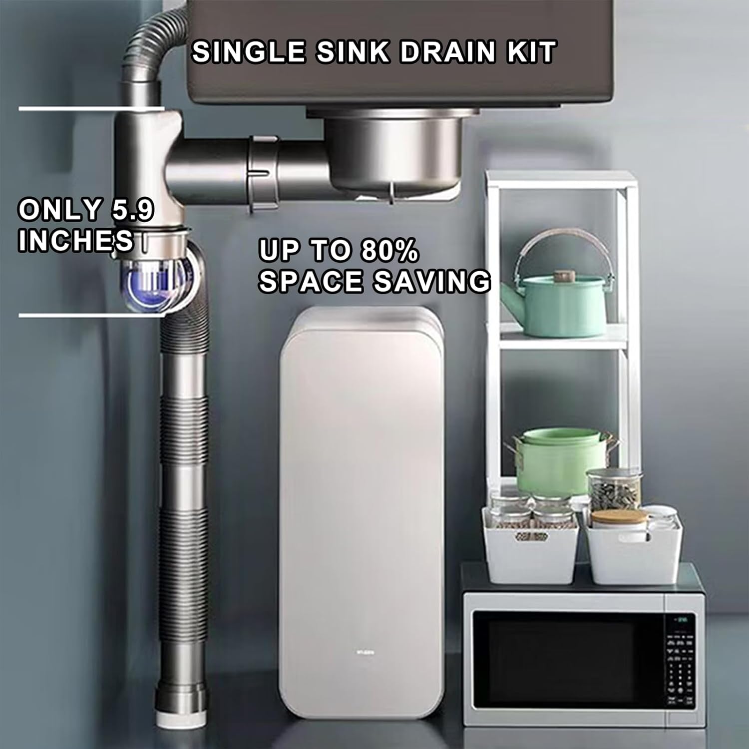 Single Bowl Kitchen Sink Drain Kit Space Saving Sink Drain Kit Universal Kitchen Sink Drain Pipe 3-1/2inch Kitchen Sink Drain with 304 Stainless Steel Kitchen Sink Drain Basket