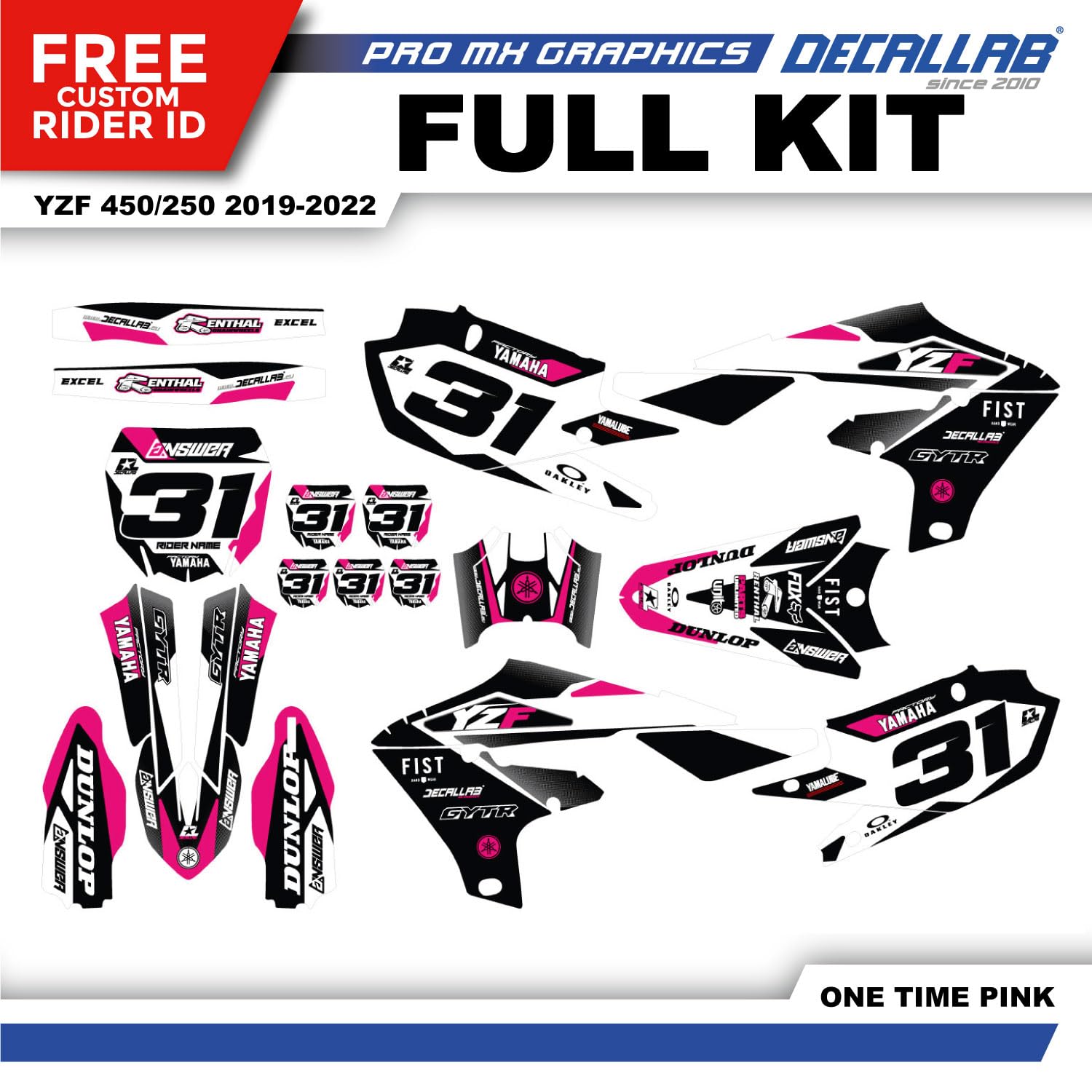 Customizable Personalized Motocross Full Graphics Kit, Complete Professional Dirt Bike Racing Decal Sticker Set for Yamaha YZ250F YZ450F YZF250 YZF450 2018 2019 2020 (Pink)
