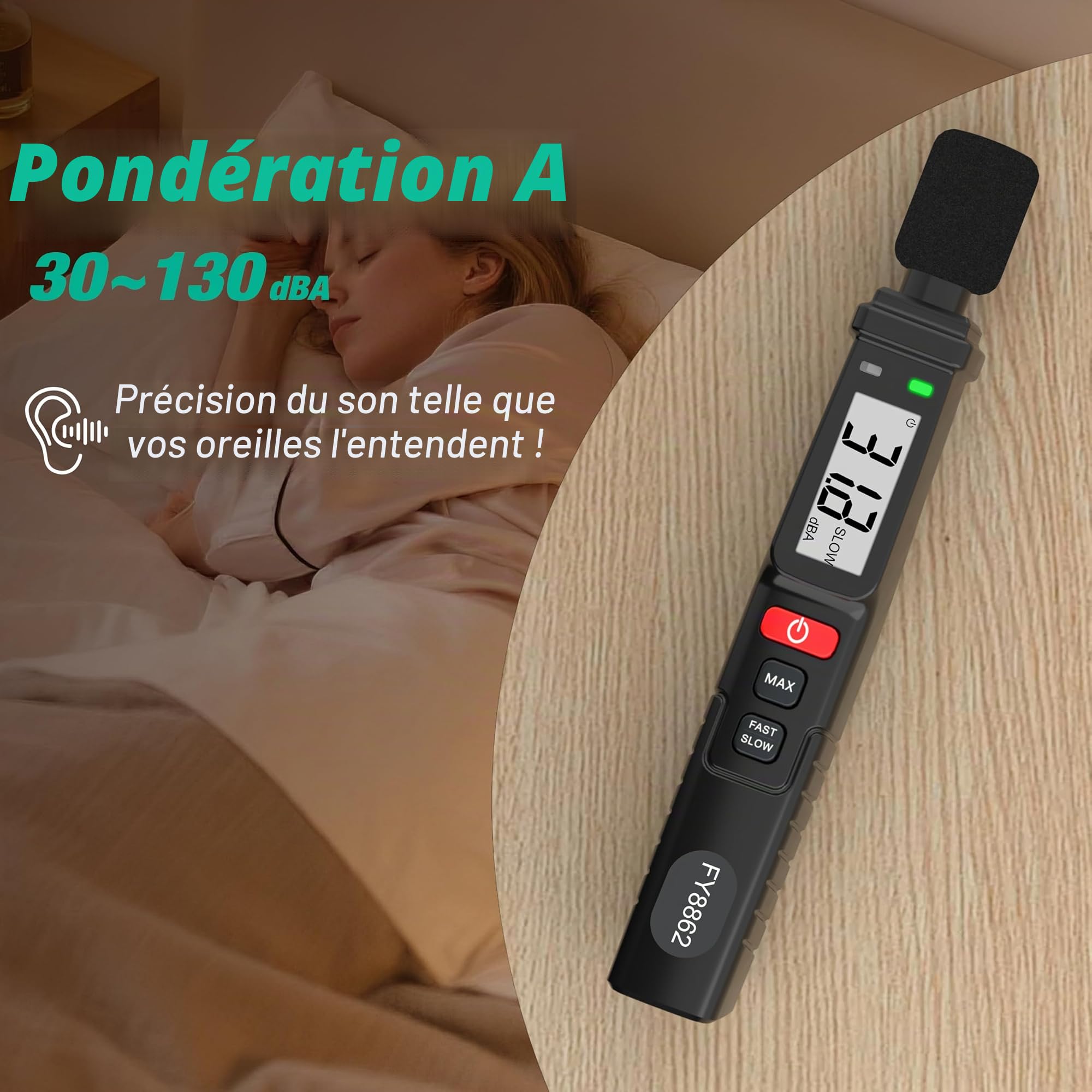 Sonomètre numérique 30-130 dB(A) - SPL portable avec écran LCD rétroéclairé - Compteur de bruit audio avec MAX/MIN, Data Hold, lampe de poche Home Factory