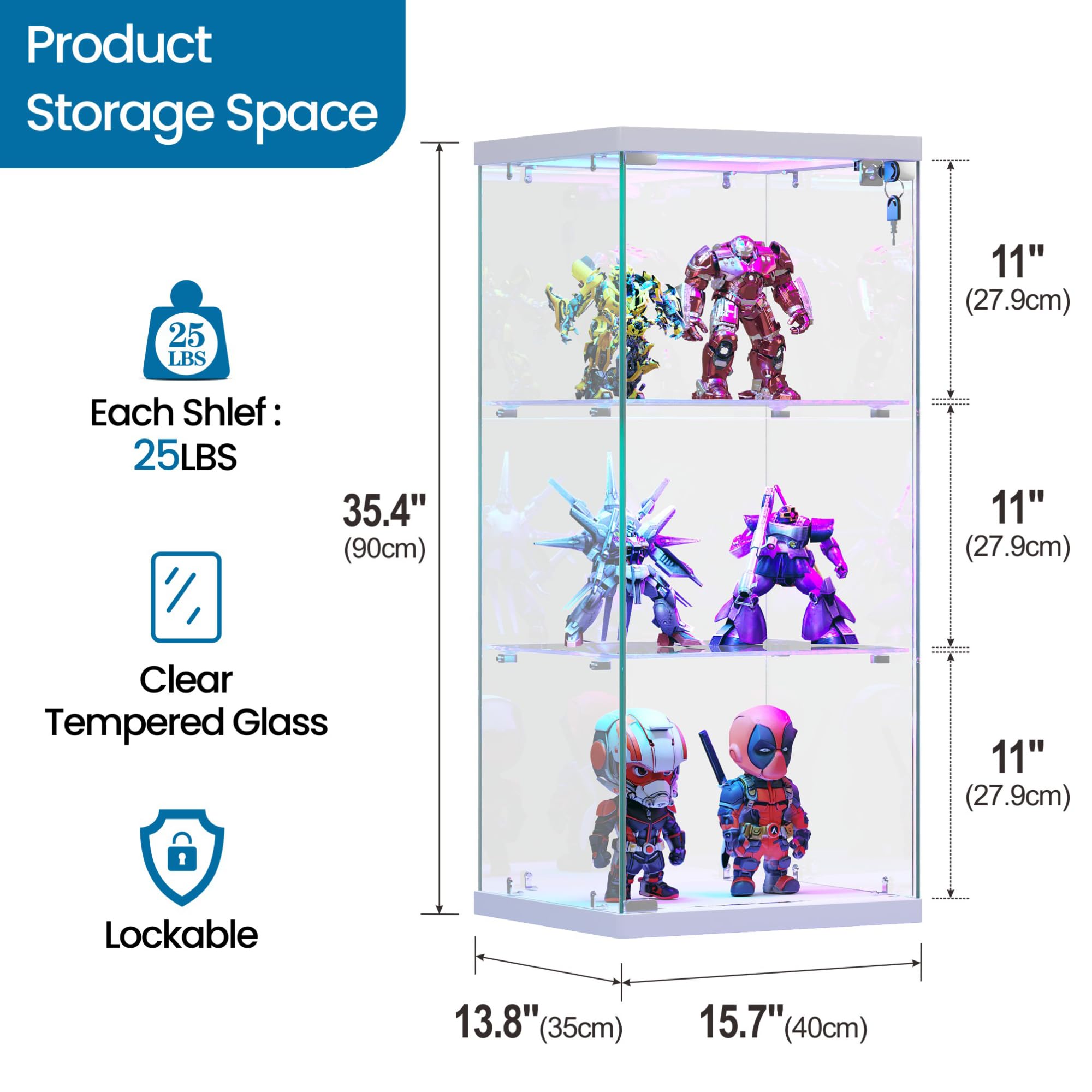 FREDEES Vitrina de cristal con luces RGB, 3 niveles, color blanco