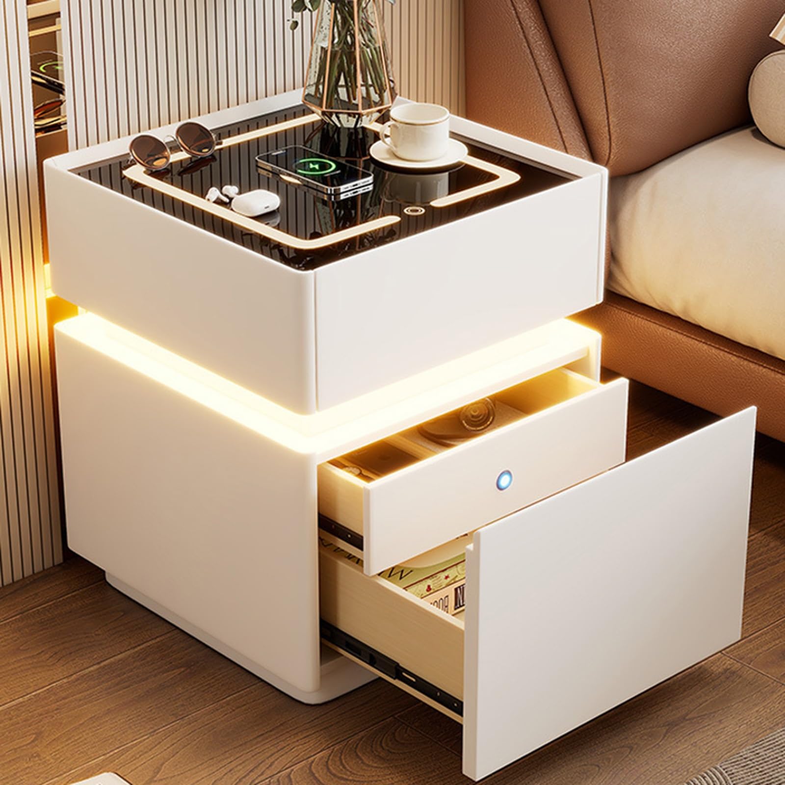 Nowoczesny drewniany Nightnd z tajnym minimalistycznym designem czujnik dotykowy LED cyfrowy zamek Finrprint idealny do pokoju i salonu (biały-B)