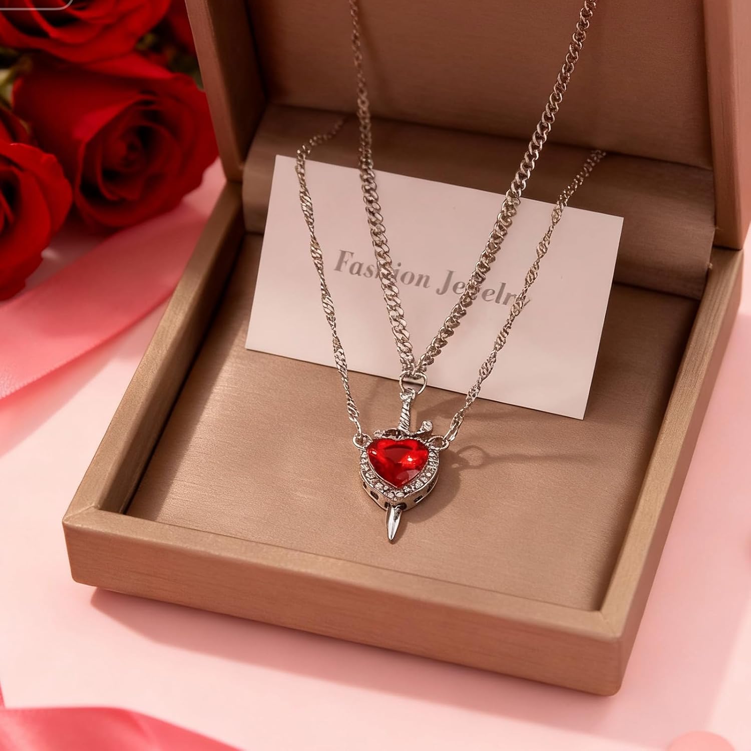 Roe Dolph Couple Necklace for Him and Her Sword and Heart Necklace Red Heart Matching Promise Jewelry Valentines Day Gifts for Her - Image 7