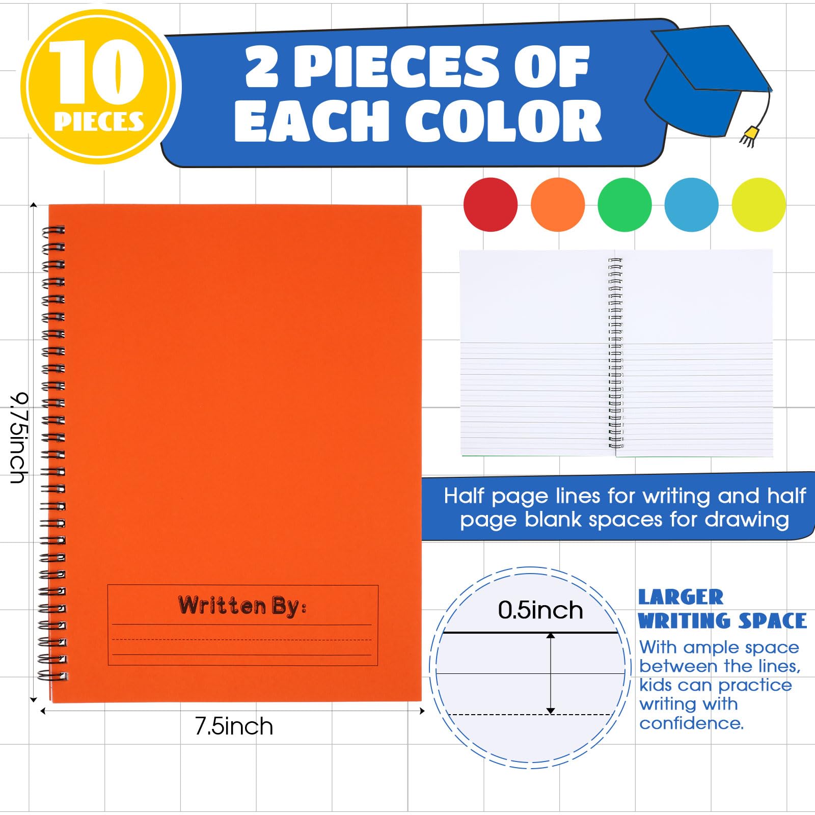 Henoyso 10 pezzi 100 pagine a spirale per composizione primaria K-2, diari primari per disegnare e scrivere, per bambini, asilo, scrittura a mano, quaderno per pratica della scrittura a mano, 24 x 19