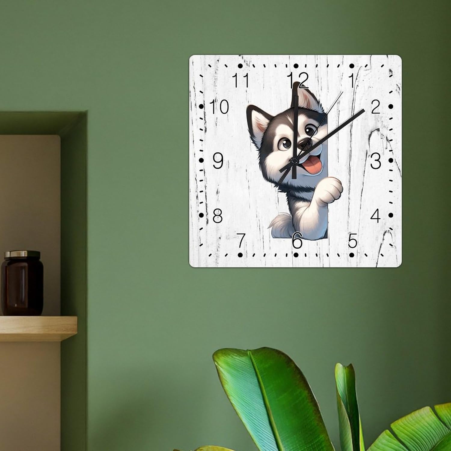 Siberian Husky Dog Peeking ASquare Corner Clocks Siberian Husky Wood Clocks Battery Operated Square Wall Clock Gift for Dog Owner Wall Clock for Dinning Living Room 12x12in
