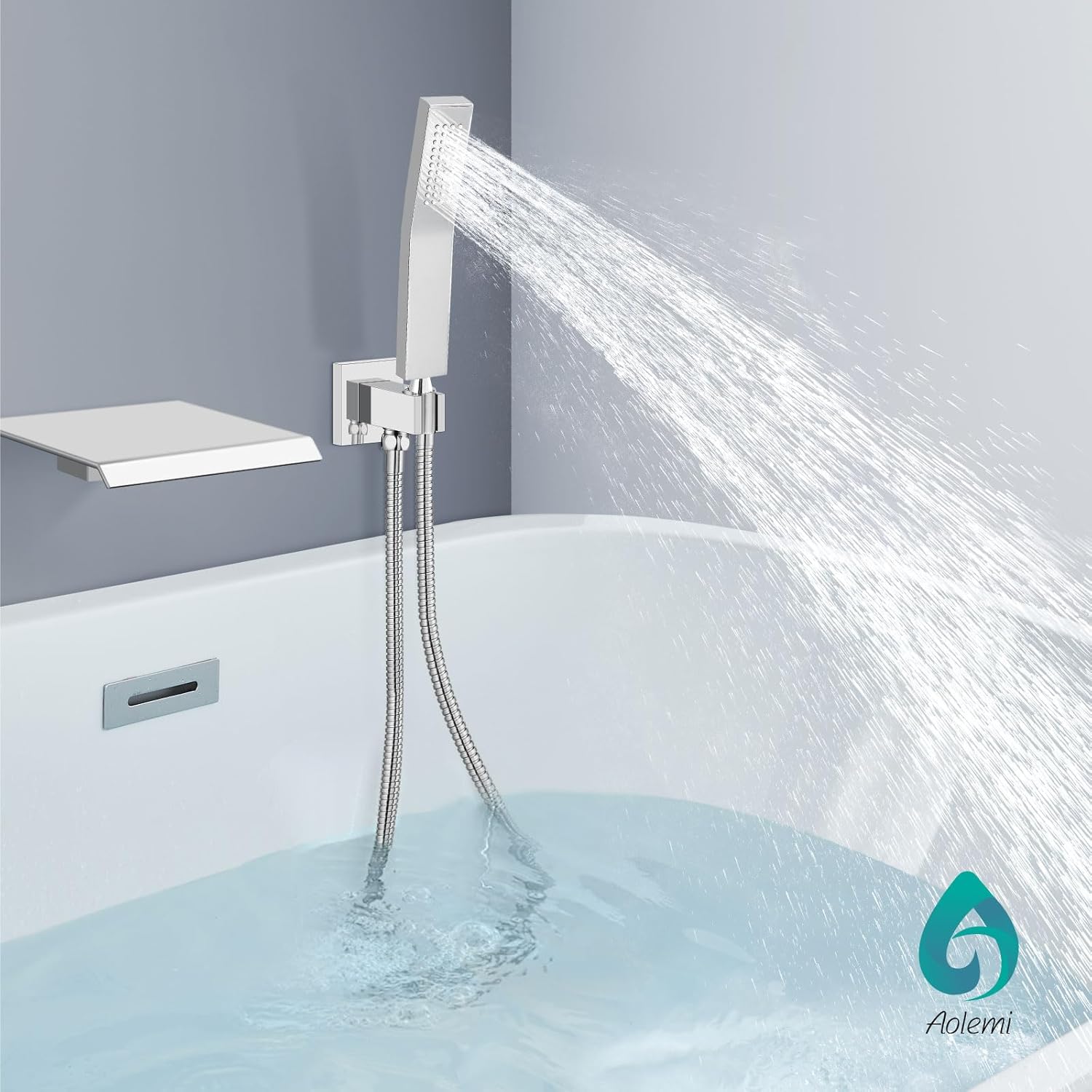 Aolemi Wall Mount Bathtub Faucet Set,Waterfall Tub Filler with Handheld Shower,Single Handle Solid Brass Tub Faucet with Rough-in Valve,Polish Chrome