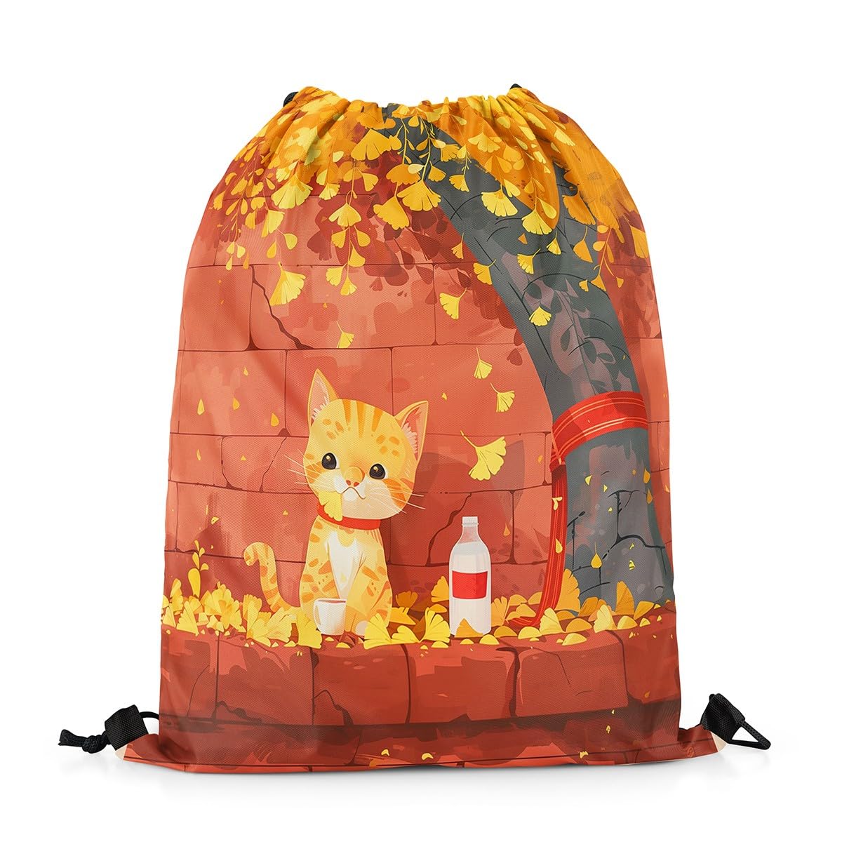 Homewish Cute Cat Drawstring Backpack Kawaii Yellow Kitten Drawstring Bags Ginkgo Tree Leaves Draw String Back Bag Autumn Fall theme String Backpack Yellow Red Decor,33 x 40 cm