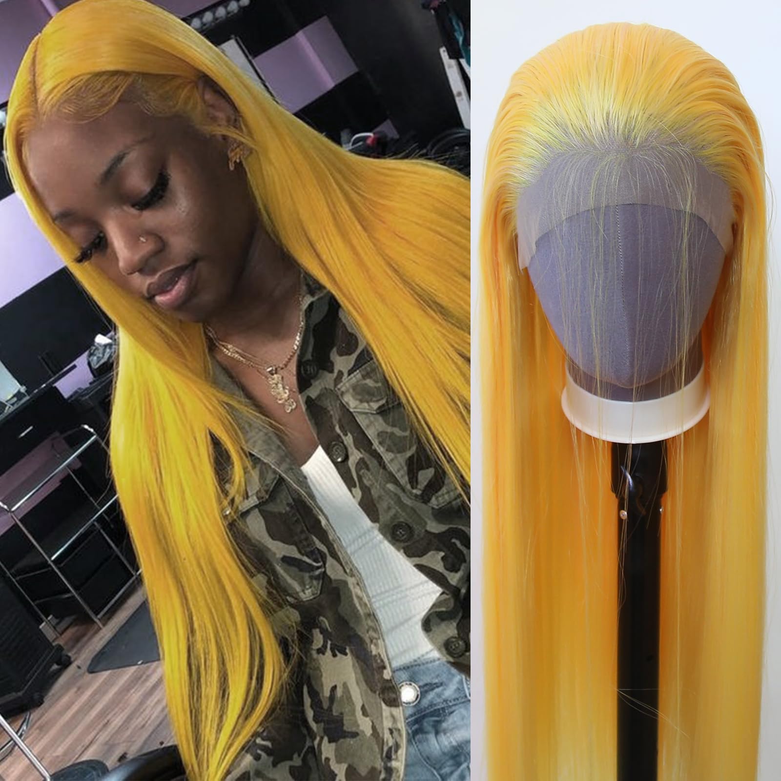 zigzag hair Long Straight Yellow Synthetic Lace Front Wigs Pre Plucked with Natural Hairline for Fashion Women Heat Resistant Hair Glueless Synthetic