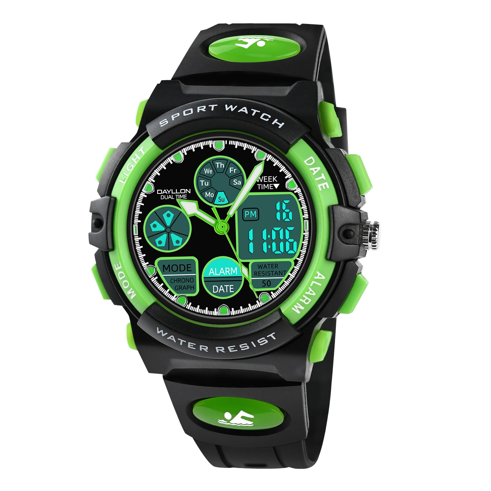 Dayllon Orologi per bambini, ragazzi età 5-15, orologio analogico digitale per bambini, verde, Verde