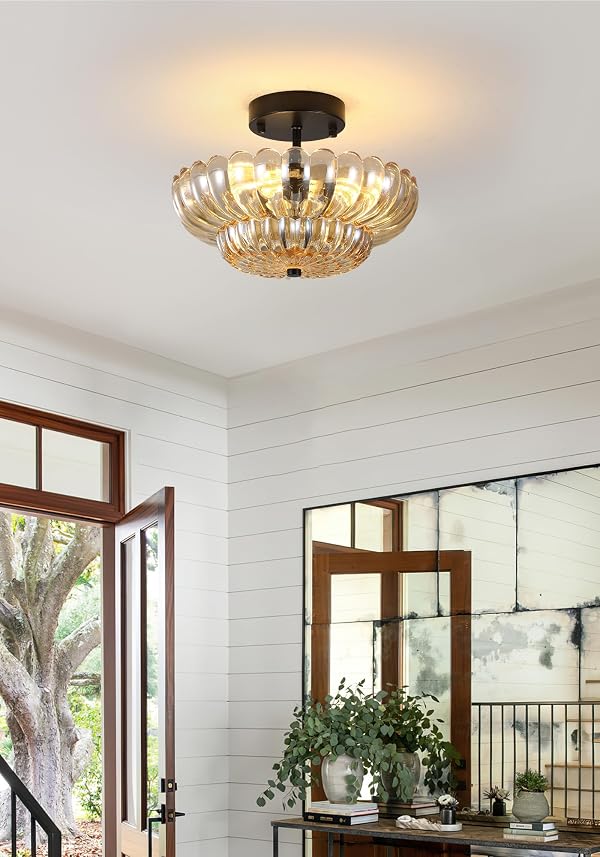 QUYILAIGE Semi Flush Mount Ceiling Light, Vintage Black Close to Ceiling Light Fixture with Glass Shade, Mid Century Modern Lighting for Bedroom Hallway Kitchen Laundry-Amber by QUYILAIGE - Used condition - Image 9