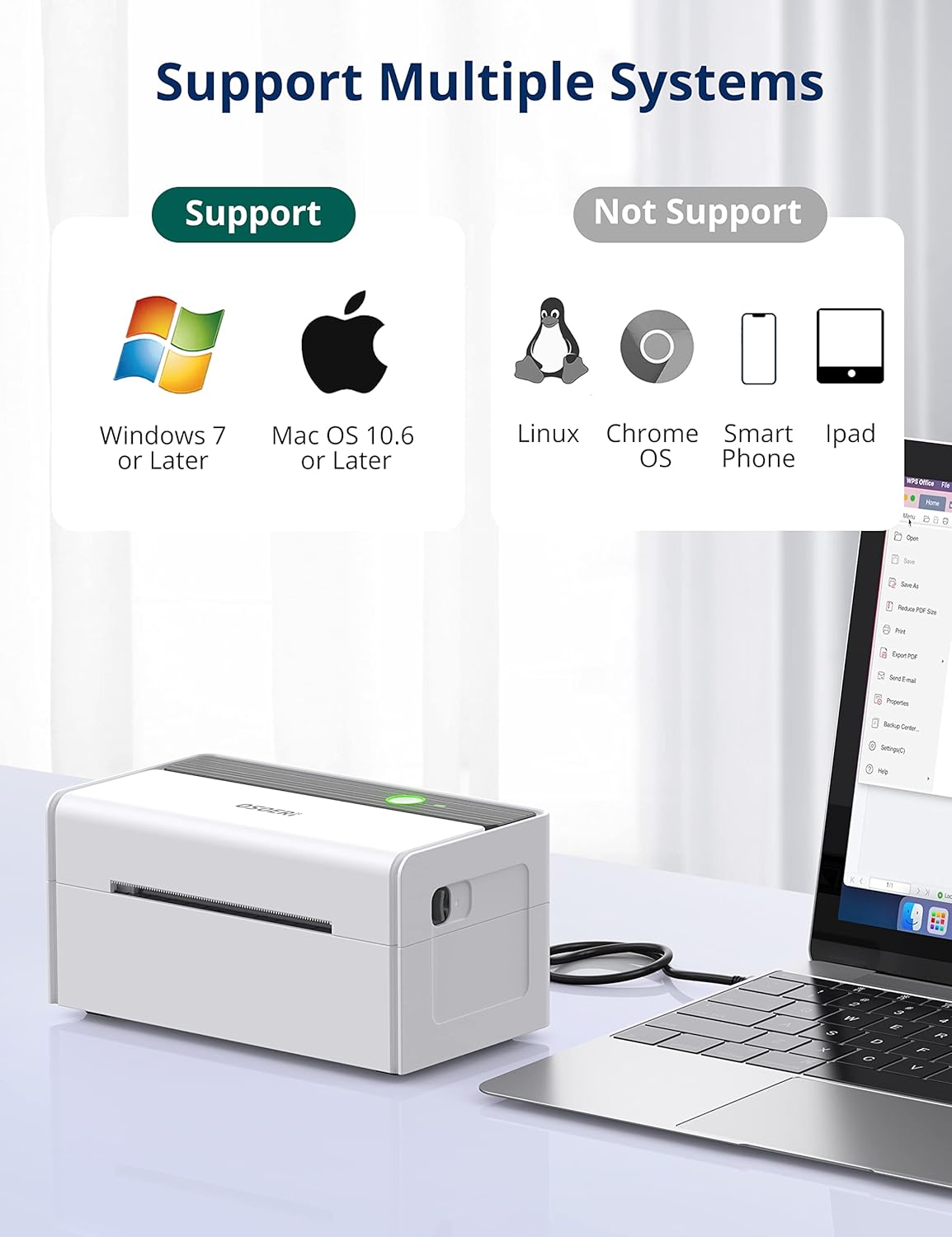 The Osoeri thermal label printer next to a laptop, with graphics indicating compatibility with Windows 7 or later and Mac OS 10.6 or later, and non-compatibility with Linux, Chrome OS, smartphones, and iPads.