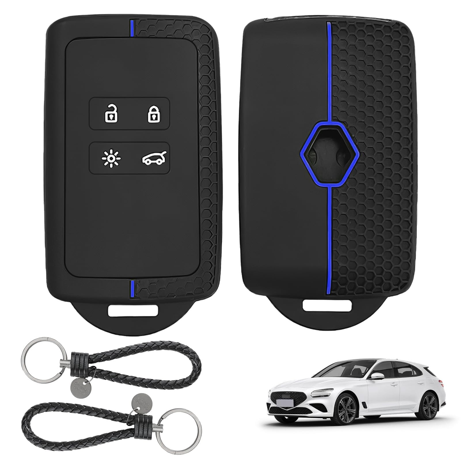 2 Pack Autoschlüssel Hülle für Renault, Clio Megane Koleos Kadjar Kangoo Twingo Talisman Captur Espace Dacia Duster Schlüsselhülle Silikon Autoschlüsselhalter TPU 4 Tasten mit Schlüsselanhänger Blau