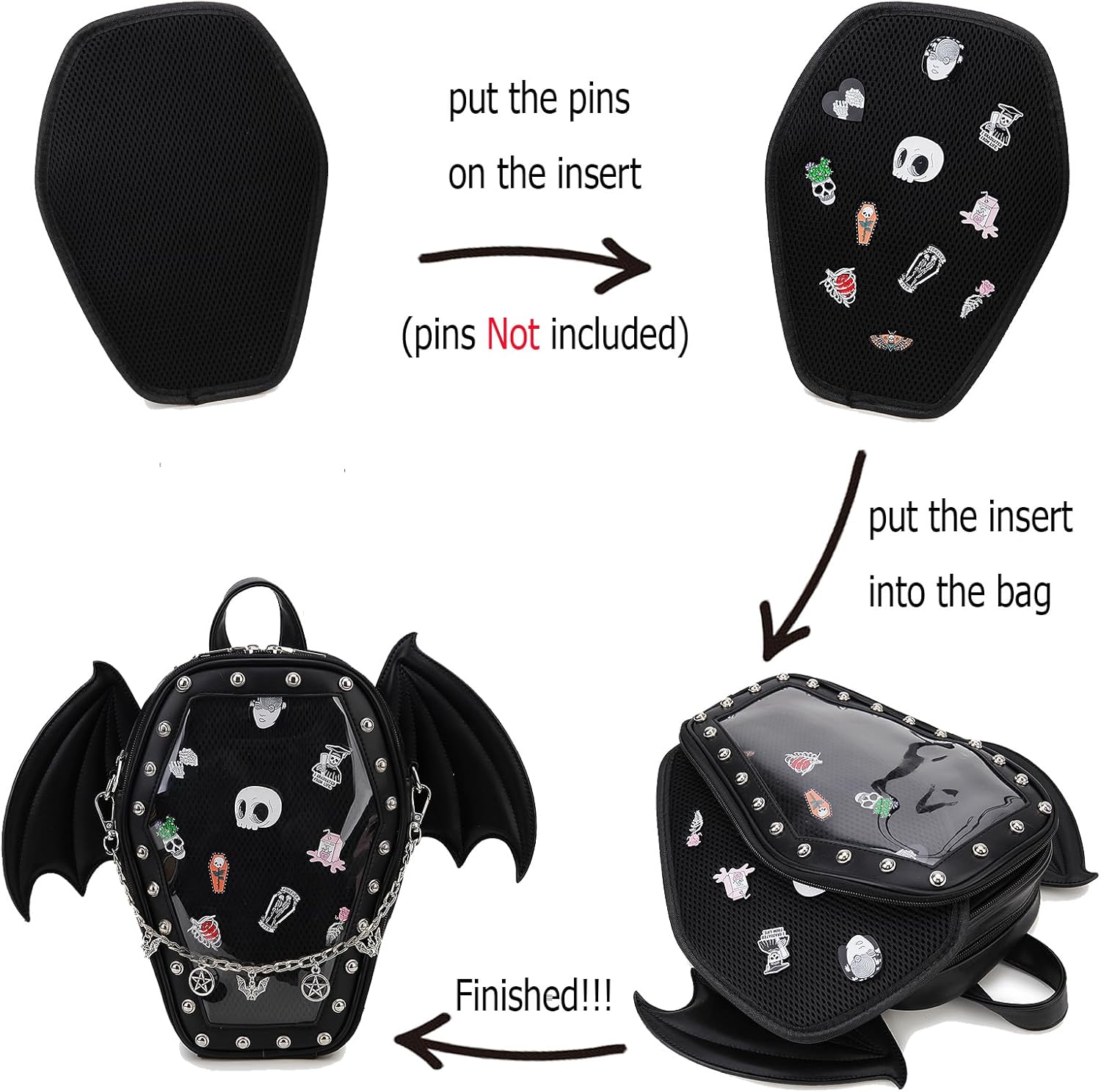 Goth Coffin Backpack with Detachable Bat Wing Halloween Coffin Ita Punk Shoulder Bag for Enamel Pins Display - Image 9